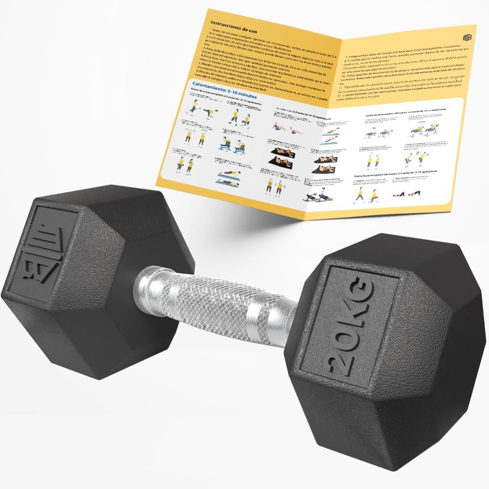 Mancuernas hexagonales de caucho profesional 10 kg, 15 kg, 20 kg, 25 kg y 30 kg - pesas antideslizantes con agarre ergonómico y barra cromada para gimnasio, fitness y musculación. MANIBOOM