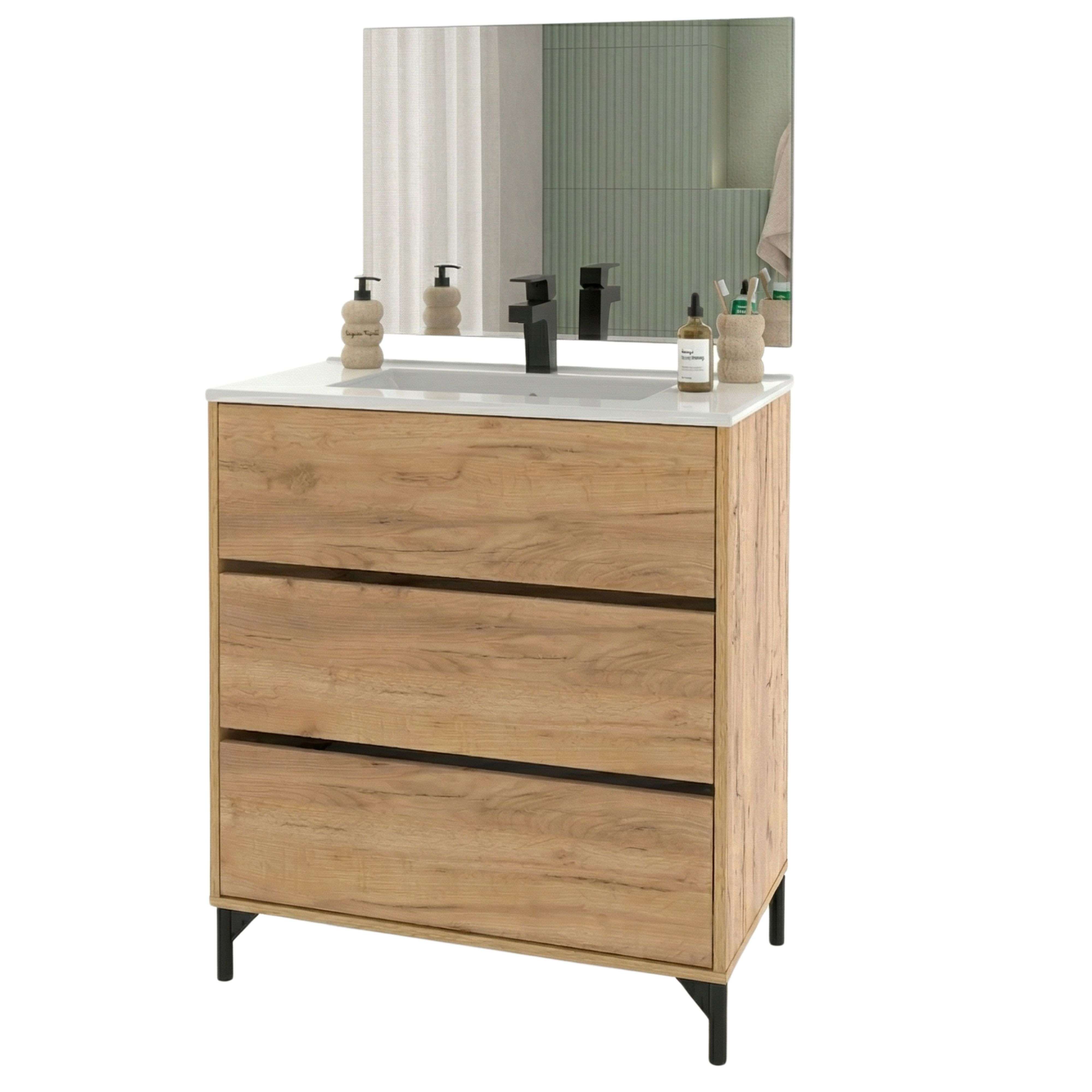 Miroytengo Mueble de Baño para Lavabo 80 cm Elba 3 Cajones Guías Metálicas Roble Kraft (Lavabo Cerámico)