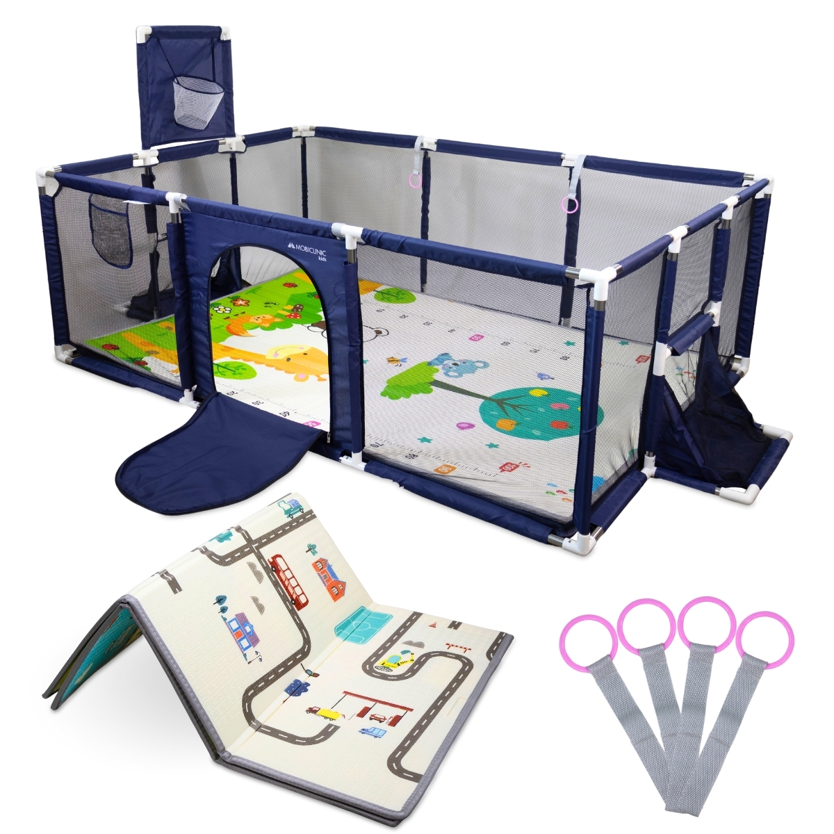 Parque de juegos infantil Mobiclinic Alfombra 120x180 cm Anillas Canasta y red de fútbol Bolsa Transporte Varios colores Kidland