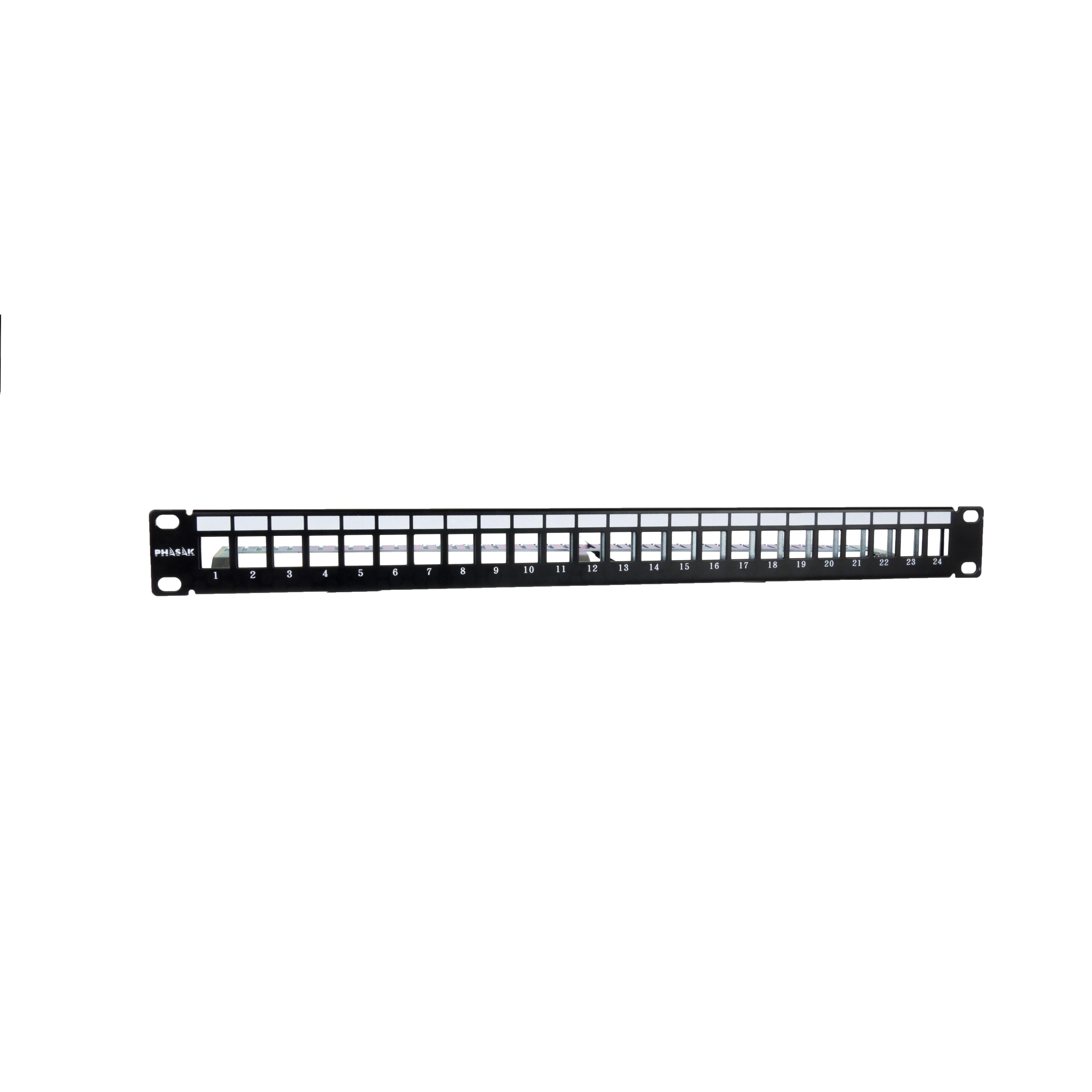 Panel frontal 19" PHASAK RJ45 24P FTP Cat.6 1U con organizador de cables, montaje en rack, protección EMI, Dual Block, alta durabilidad y rendimiento