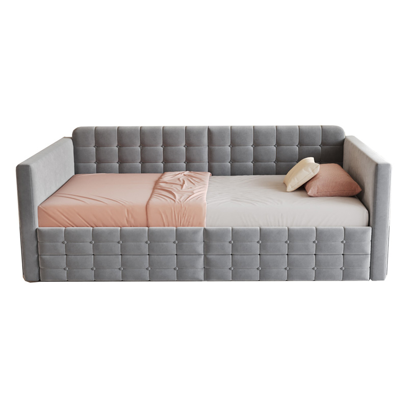 Lit banquette rembourré gris 90 x 190 cm en velours avec motif capitonné, poches latérales et deux tiroirs de rangement