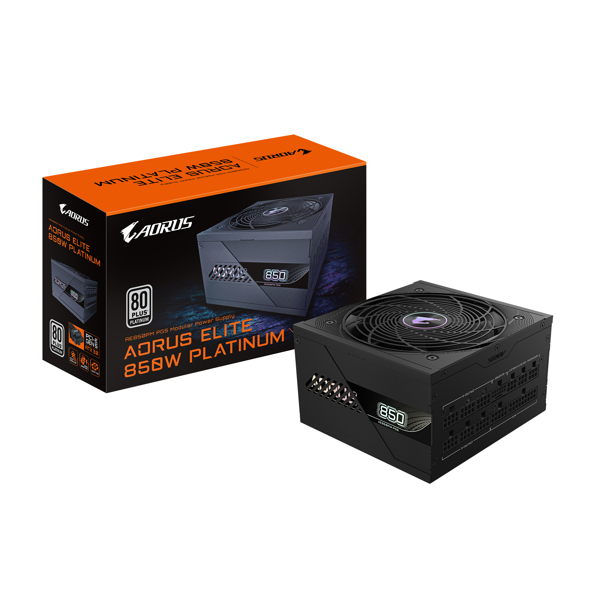 GIGABYTE AORUS ELITE P850W Fuente de Alimentación - PCIe 5.0, 80 PLUS Platinum, Diseño completamente modular, Ventilador de 120 mm, Compatible con ATX 3.0, Enchufe UE