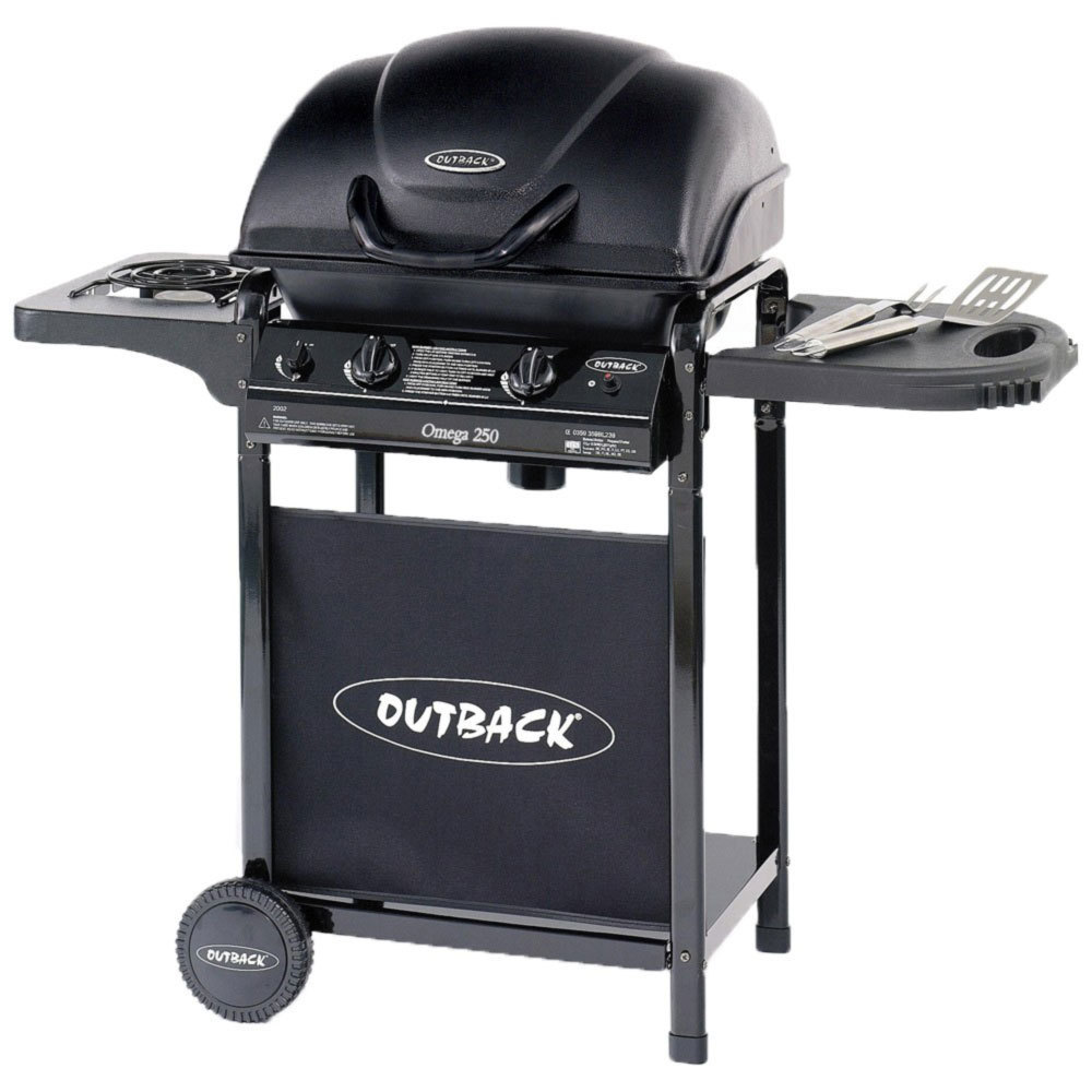 Barbacoa de Gas Portátil Modelo 200 con Tapa Esmaltada, Parrilla Antiadherente y Mesa Lateral Abatible