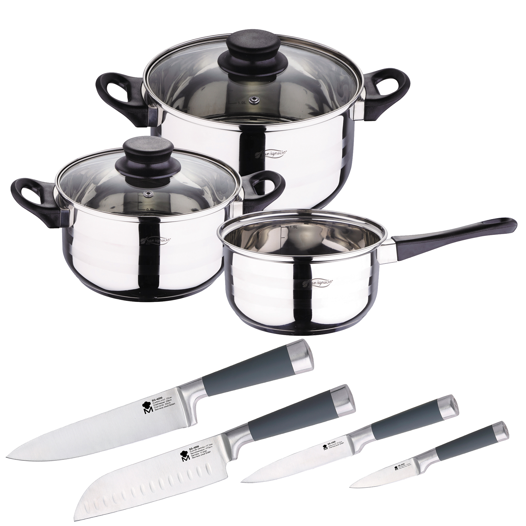San Ignacio Batería de Cocina SIP 5 Piezas + Set de 4 Cuchillos de Cocina