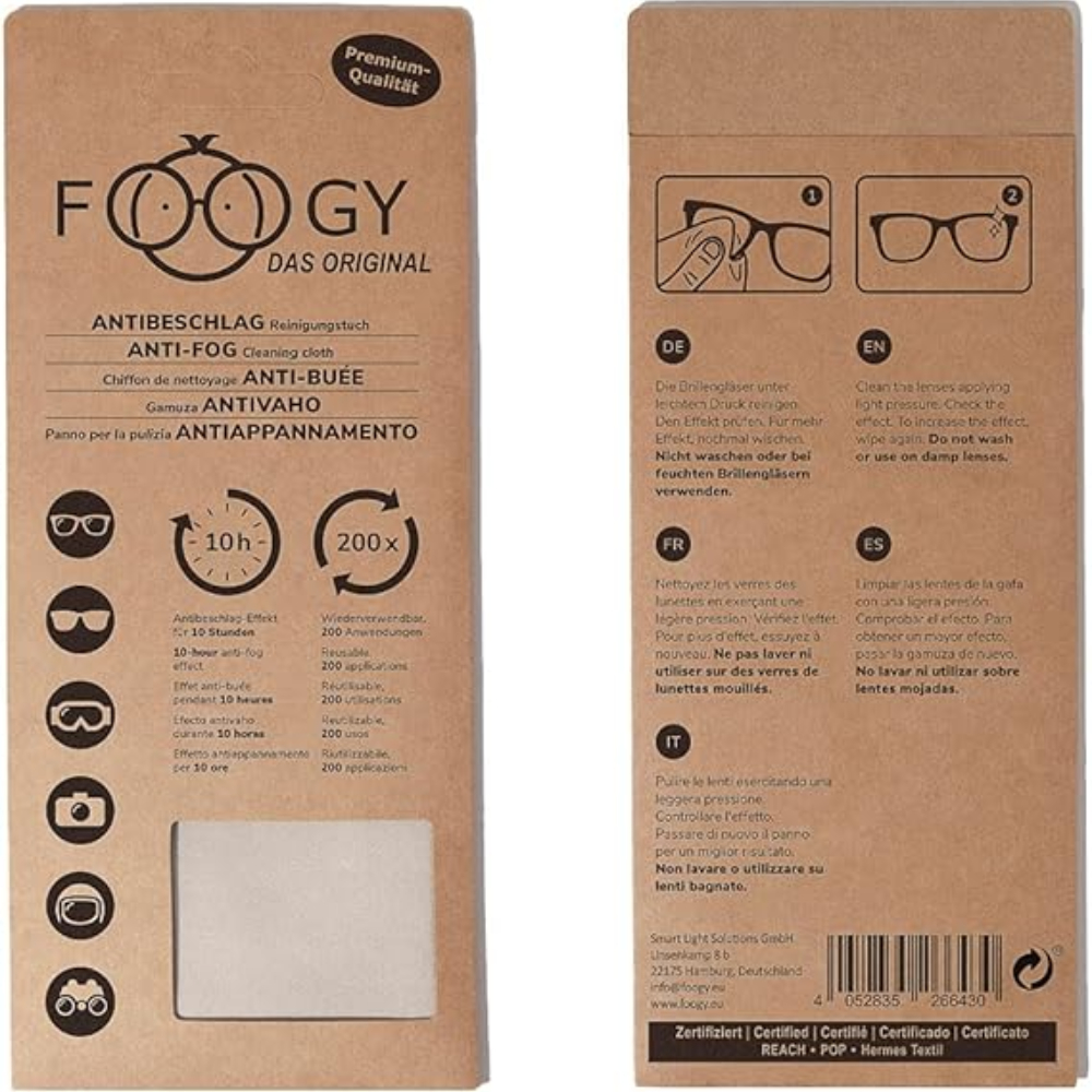Pack 50/100 unidades Foogy Toallitas Antivaho para Gafas y Pantallas – Limpieza sin Rayas, Efecto Antiempañamiento Duradero, Seguras para Lentes, Uso Diario