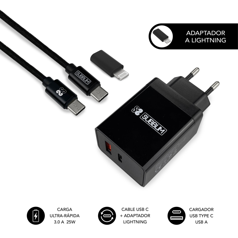 Subblim cargador ultra rapido 2xusb de pared pd25w+qc3.0+cable c to c y lightning negro