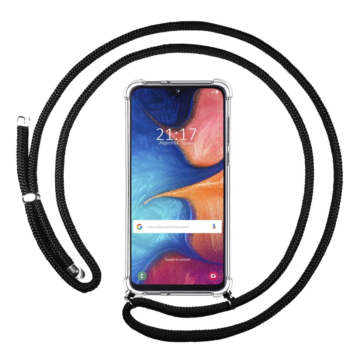 Tumundosmartphone Funda Colgante Transparente para Samsung Galaxy A20e 5.8 con Cordon Negro