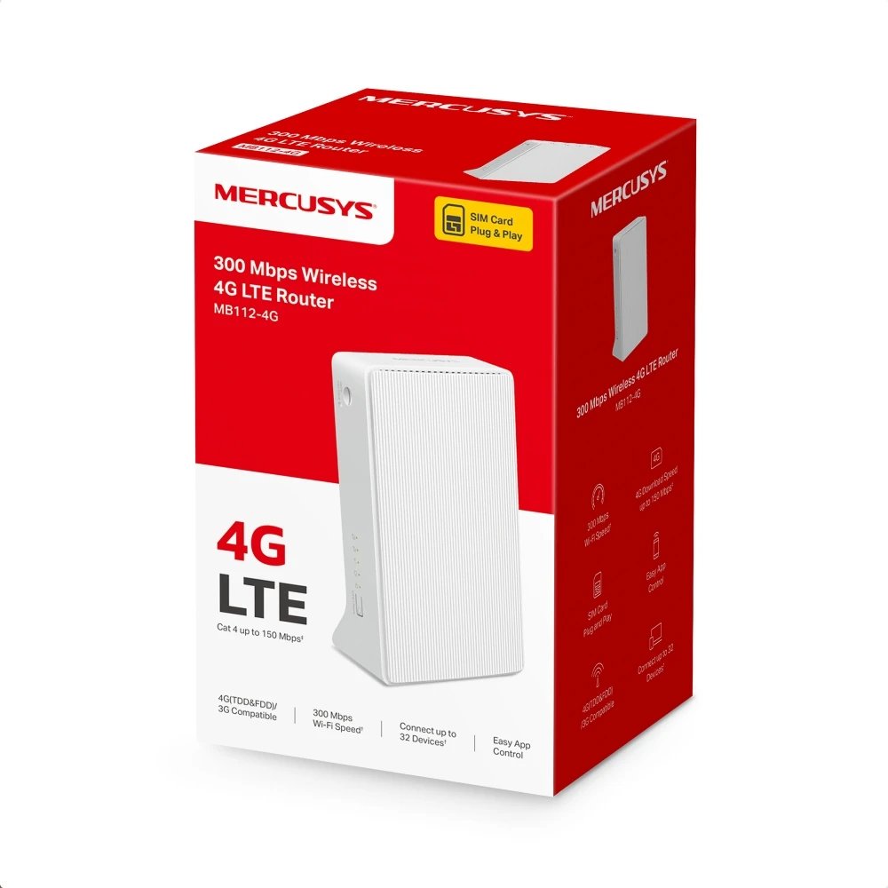 Mercusys - Router WiFi 4G con Ethernet WAN TPM MB112-4G, banda única 2,4 GHz hasta 300 Mbps, ideal para hogares y oficinas pequeñas sin línea fija, diseño compacto blanco
