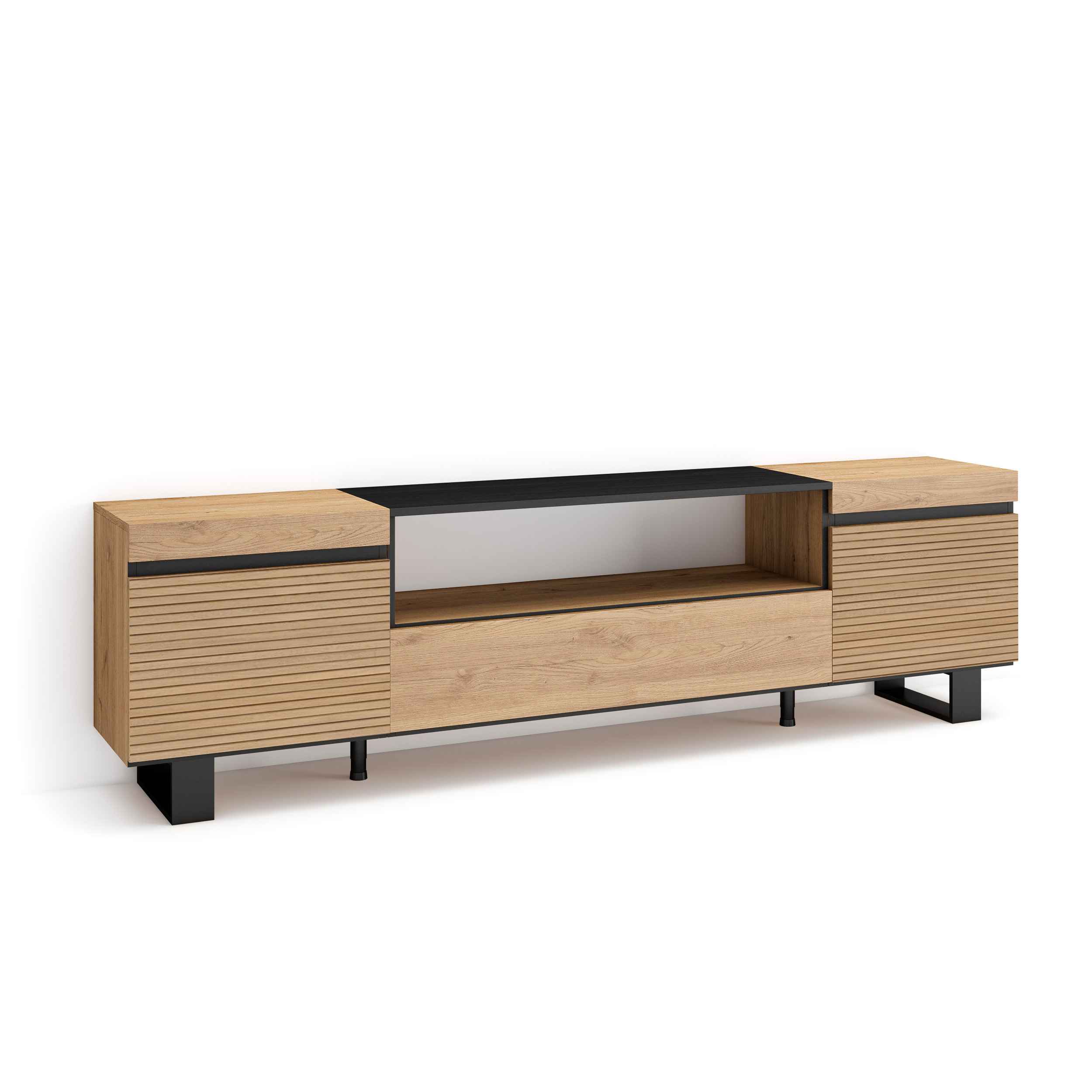 Skraut Home - Mueble TV, Televisión, Muebles de salón, almacenaje, 200x57x35cm, Para TV hasta 80", Diseño industrial, Estilo Moderno, color Roble