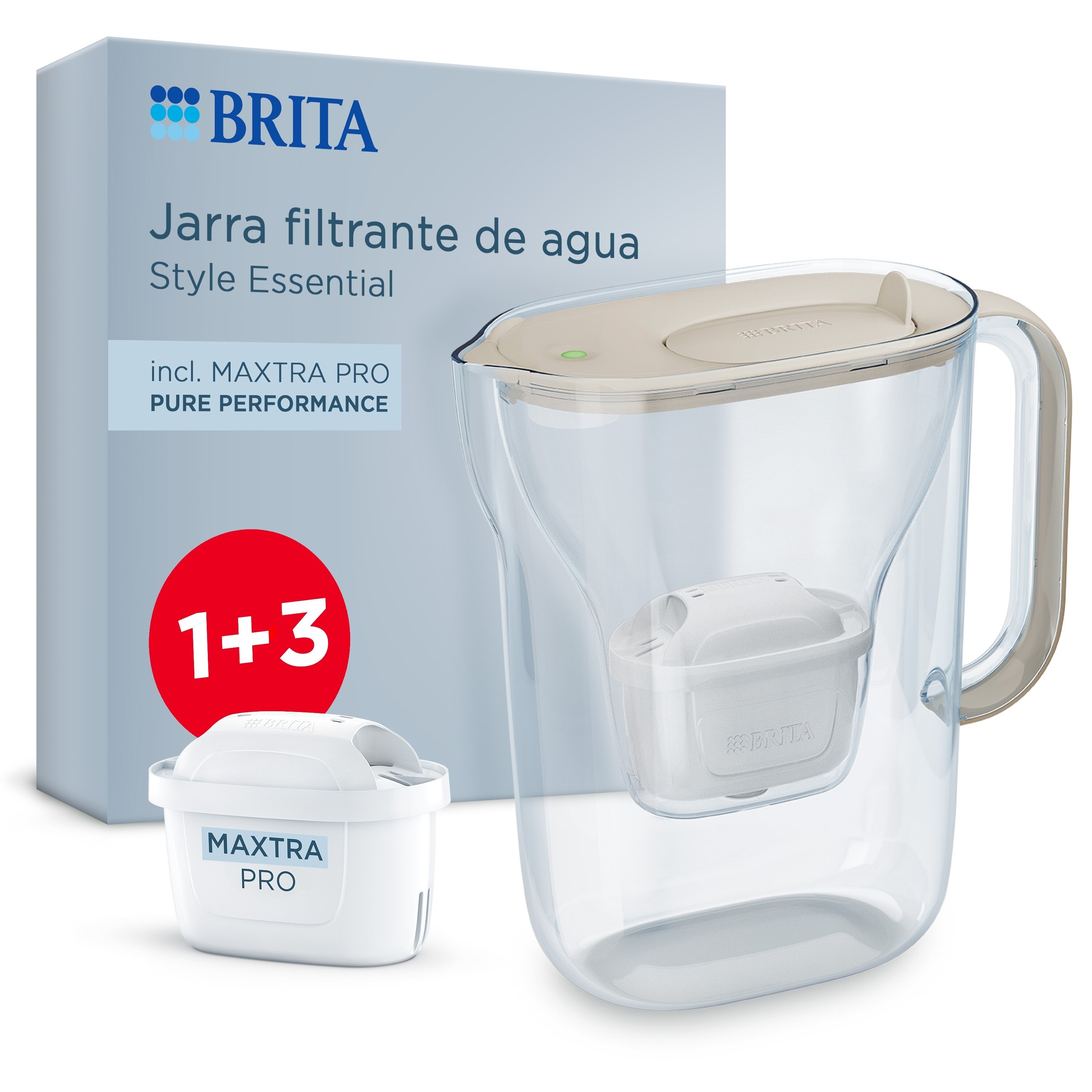 BRITA jarra filtrante Style Essential arena(2.4L) incl. 1+3x GRATIS MAXTRA PRO | compatible con la puerta del frigorífico, con