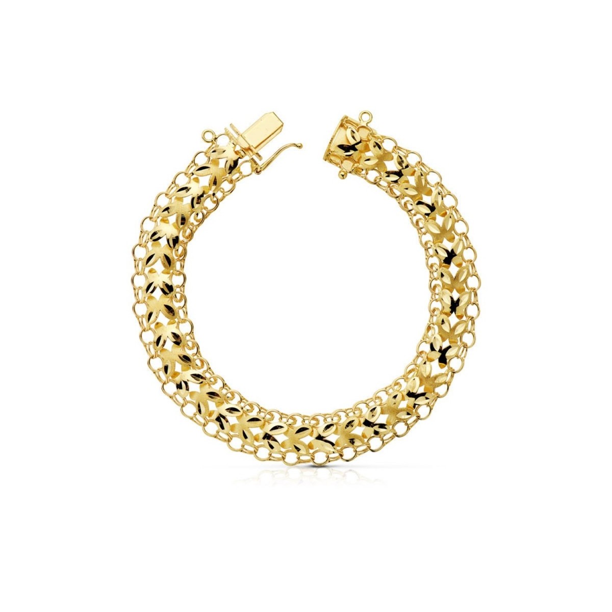 Pulsera oro 18k princesa 19cm. mujer calada ancho 10mm. cierre lengüeta