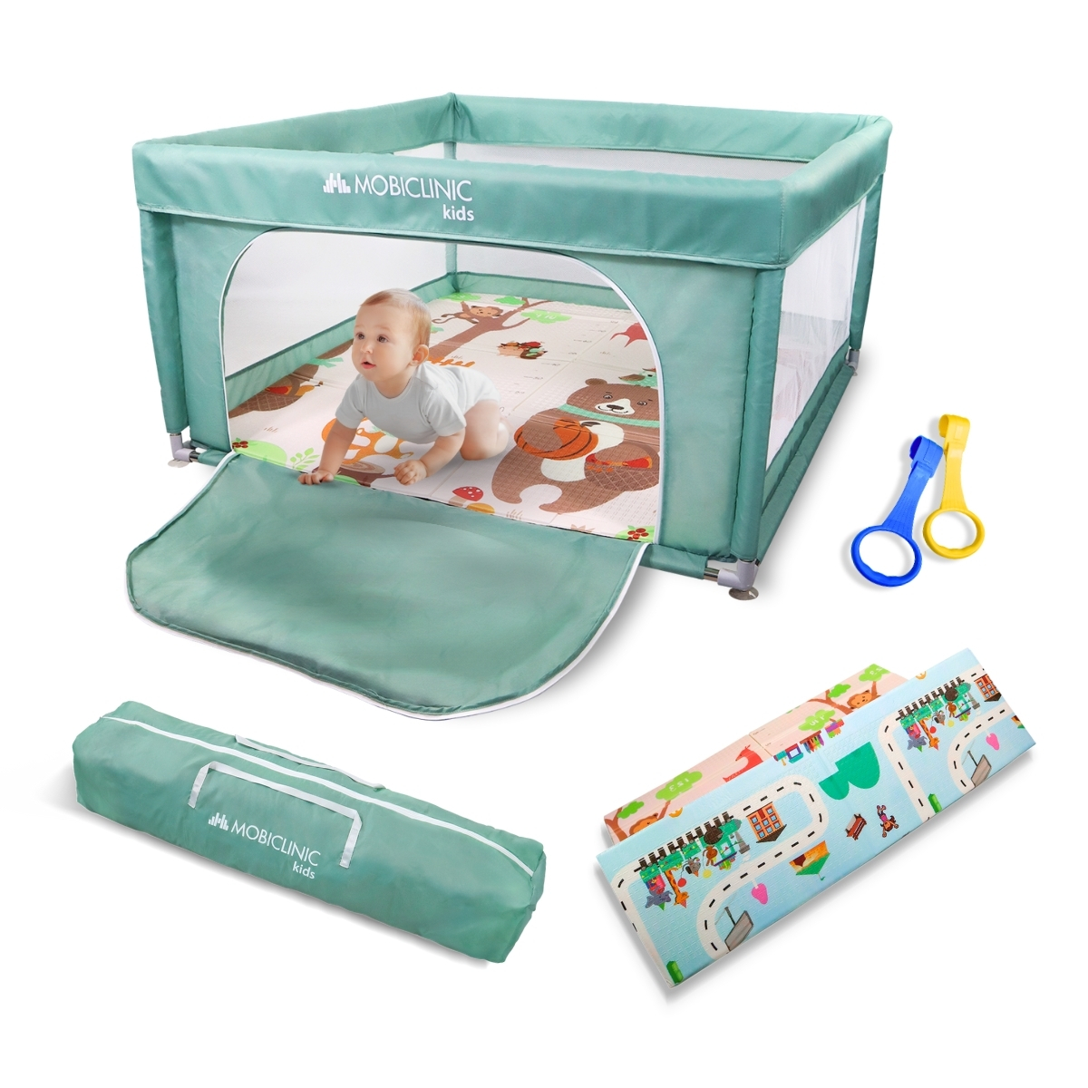 Parque infantil con alfombra Mobiclinic Bebés y niños 125x125x67cm Plegable Bolsa transporte Varios colores Happyland