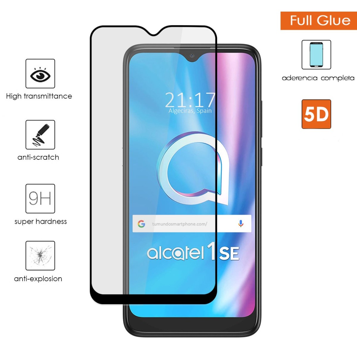 Tumundosmartphone Protector Cristal Templado Completo 5D Full Glue Negro para Alcatel 1SE 2020 Vidrio