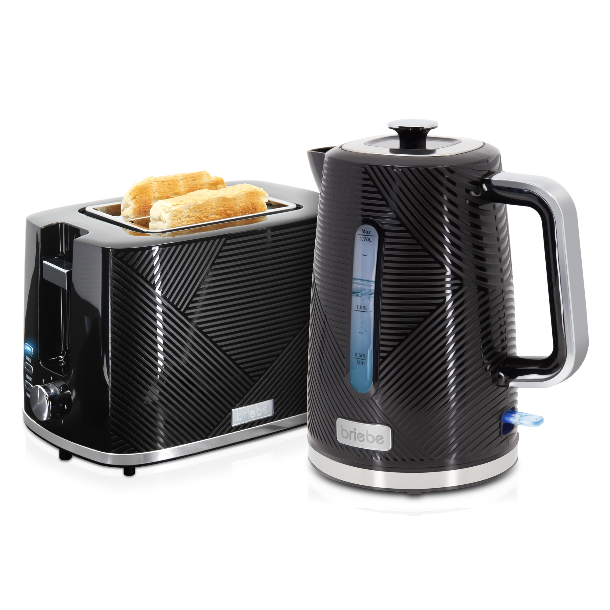 Briebe SKT1170BLK Elegance Set Tostadora Pan Ranura Ancha 2 Rebanadas + Hervidor  Agua Eléctrico 1,7L Inalámbrico, 2200W, Negro