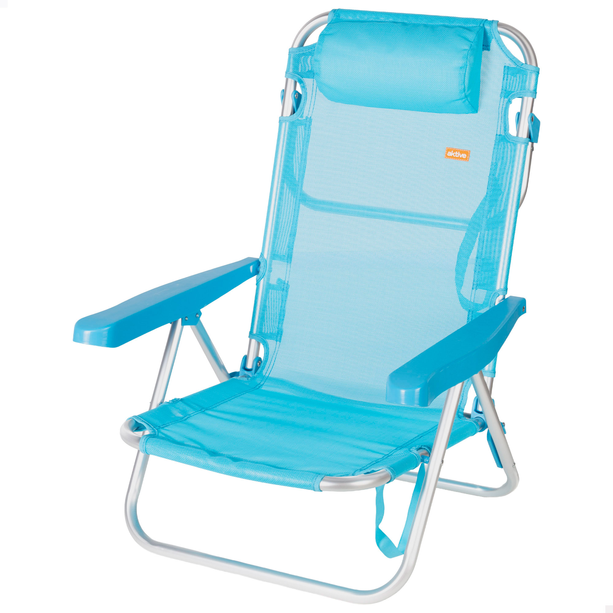 Aktive - Silla de playa plegable, multiposición, aluminio y textileno, asiento bajo, incluye cojín acolchado, asa de transporte, silla reclinable de playa, respaldo reclinable