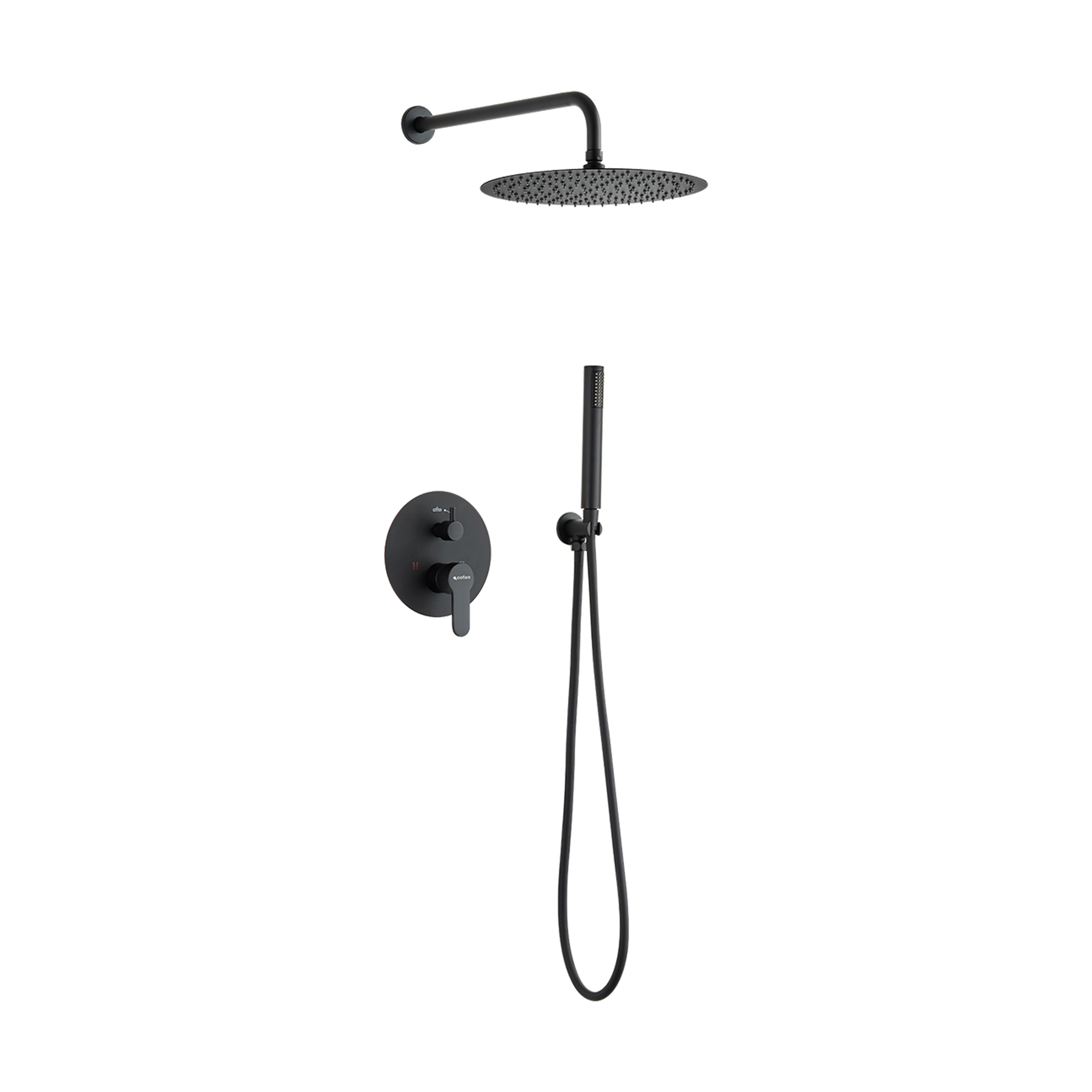 Cofan Conjunto de ducha empotrada con diseño redondo y acabado en negro mate o cromado | Rociador con 2 funciones | Ducha monomando 2 vías | Instalación en la pared | Rociador y mango incluidos
