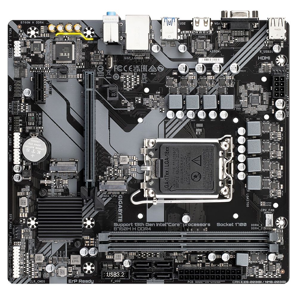 Gigabyte - Placa base B760M-H DDR4 para procesadores Intel LGA 1700 (12ª, 13ª y 14ª generación), soporta hasta 64 GB DDR4-3200 MHz, 2 ranuras M.2 PCIe 4.0 y VRM digital de 6+1+1 fases