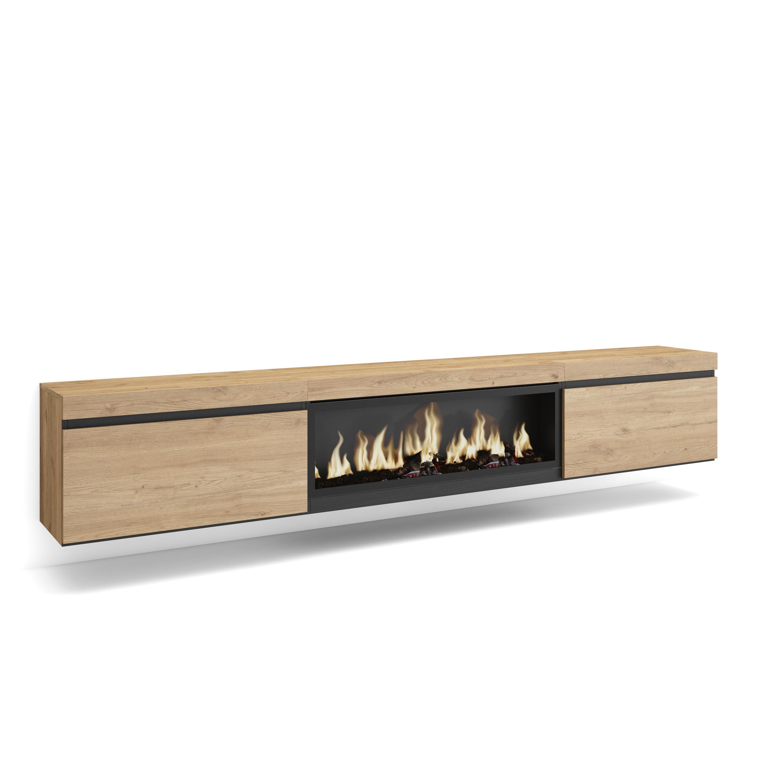 Skraut Home, Mueble TV, Muebles de salón con dos puertas para almacenaje, 267x35x45cm, Chimenea eléctrica XXL led efecto fuego 3d, Colgado