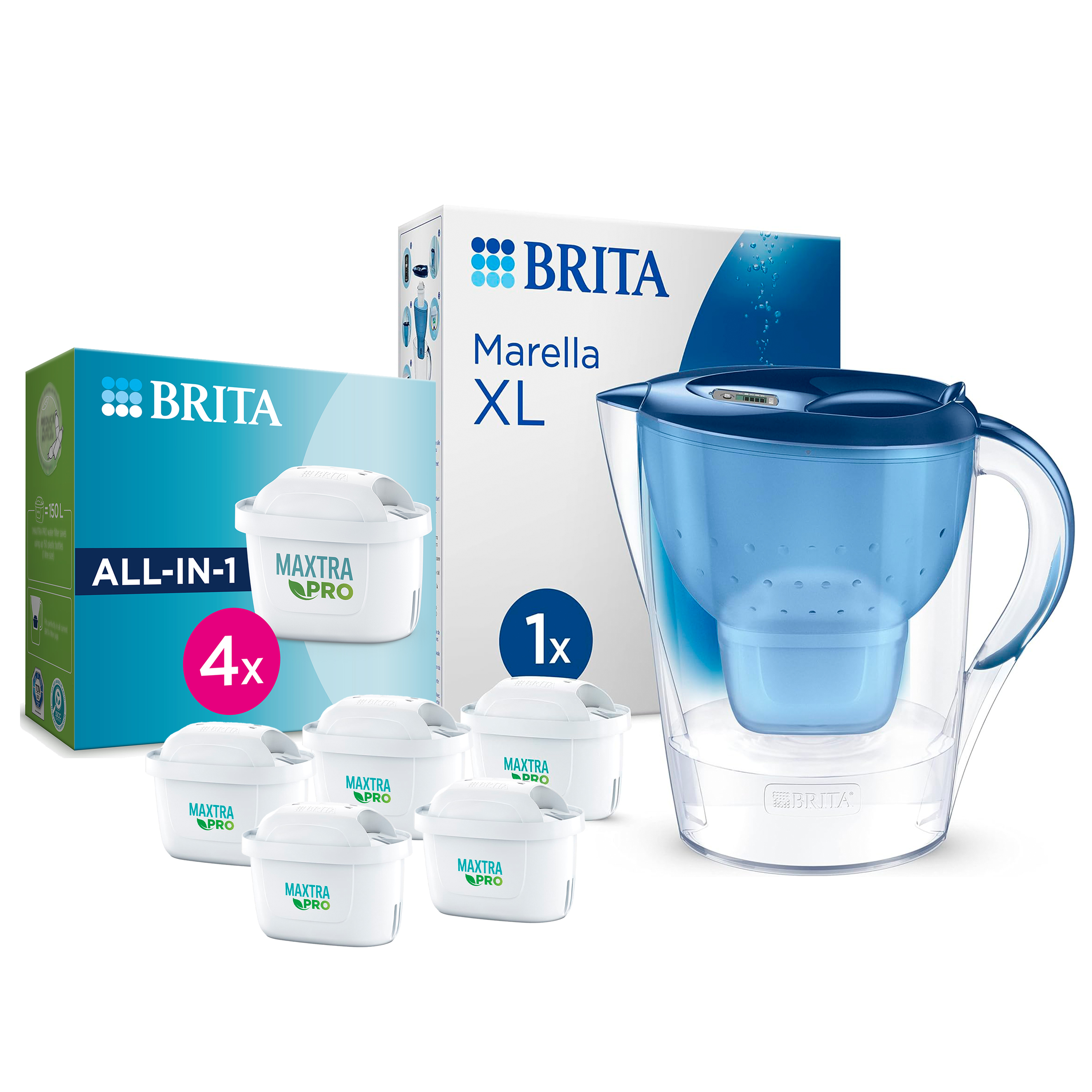 BRITA Jarra Filtrante, Modelo Marella | Marella XL | Aluna | Style | Cristal + 5 Filtros MAXTRA PRO | Hasta 150L agua filtrada | Sin BPA | Apta lavavajillas | Indicador Memo | Reduce cal, cloro y metales | Diseño sostenible