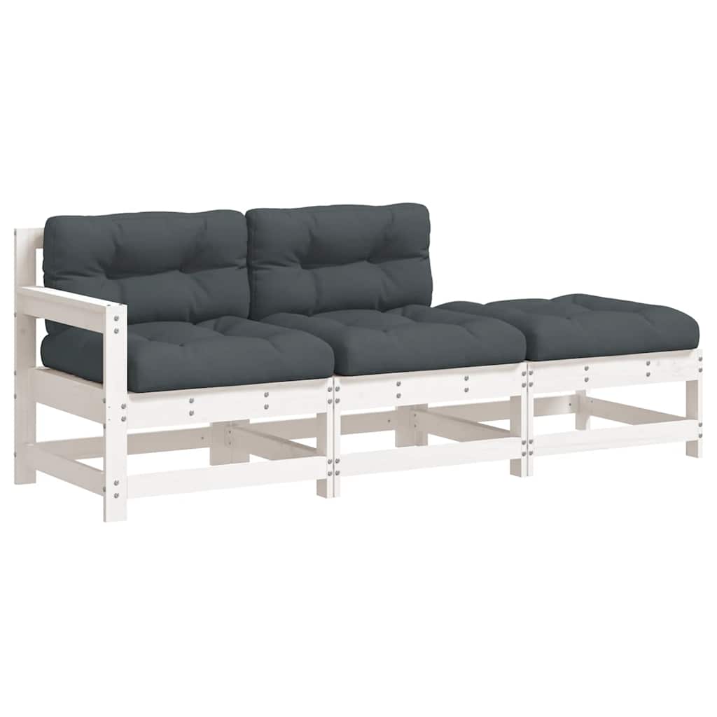 vidaXL Juego de sofás de jardín 3 pzas y cojines madera maciza blanco
