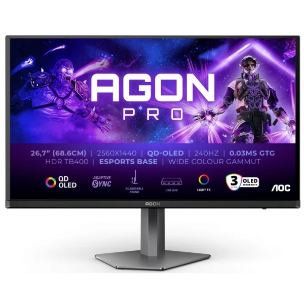 Aoc agon pro ag276qzd2 monitor 26.7” qd-oled qhd 240hz hdr400 - respuesta 0.03ms - altavoces 10w - ajustable en altura, inclinacion y rotacion - hdmi, displayport, usb - vesa 100x100mm - color negro
