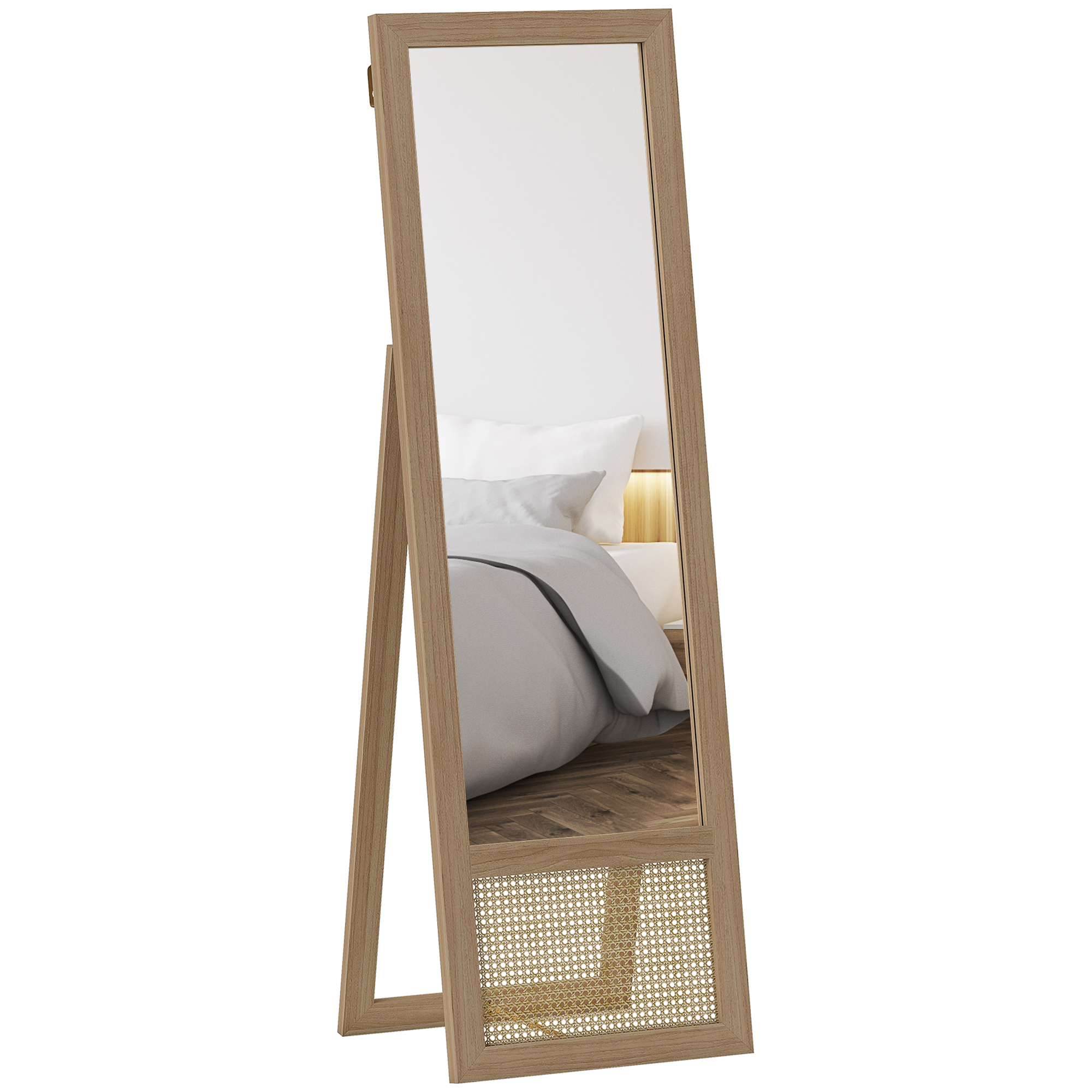 HOMCOM Espejo de Cuerpo Entero 160x50 cm Espejo de Pie o de Pared con Marco de Madera y Soporte para Salón Dormitorio Natural