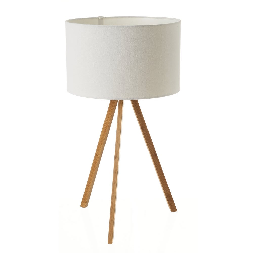 Lámpara de mesa trípode en bambú natural y pantalla lino blanco de 30x55 cm Punto de luz auxiliar para mesita de noche o salón. Cable de 150 cm con interruptor. Casquillo E14. No incluye bombilla CasaSelección