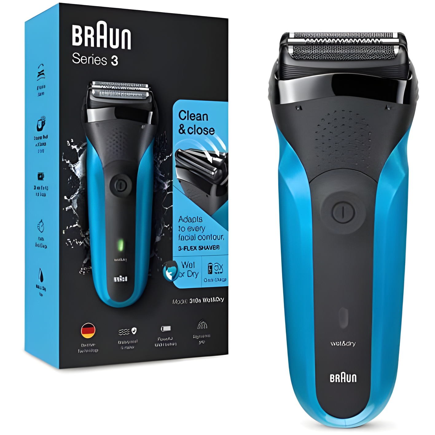 Braun Series 3 310 Afeitadora Eléctrica, Maquinilla Wet & Dry para Barba Hombre con 3 Láminas Flexibles, Recargable e Inalámbrica, Lavable, Negro/Azul
