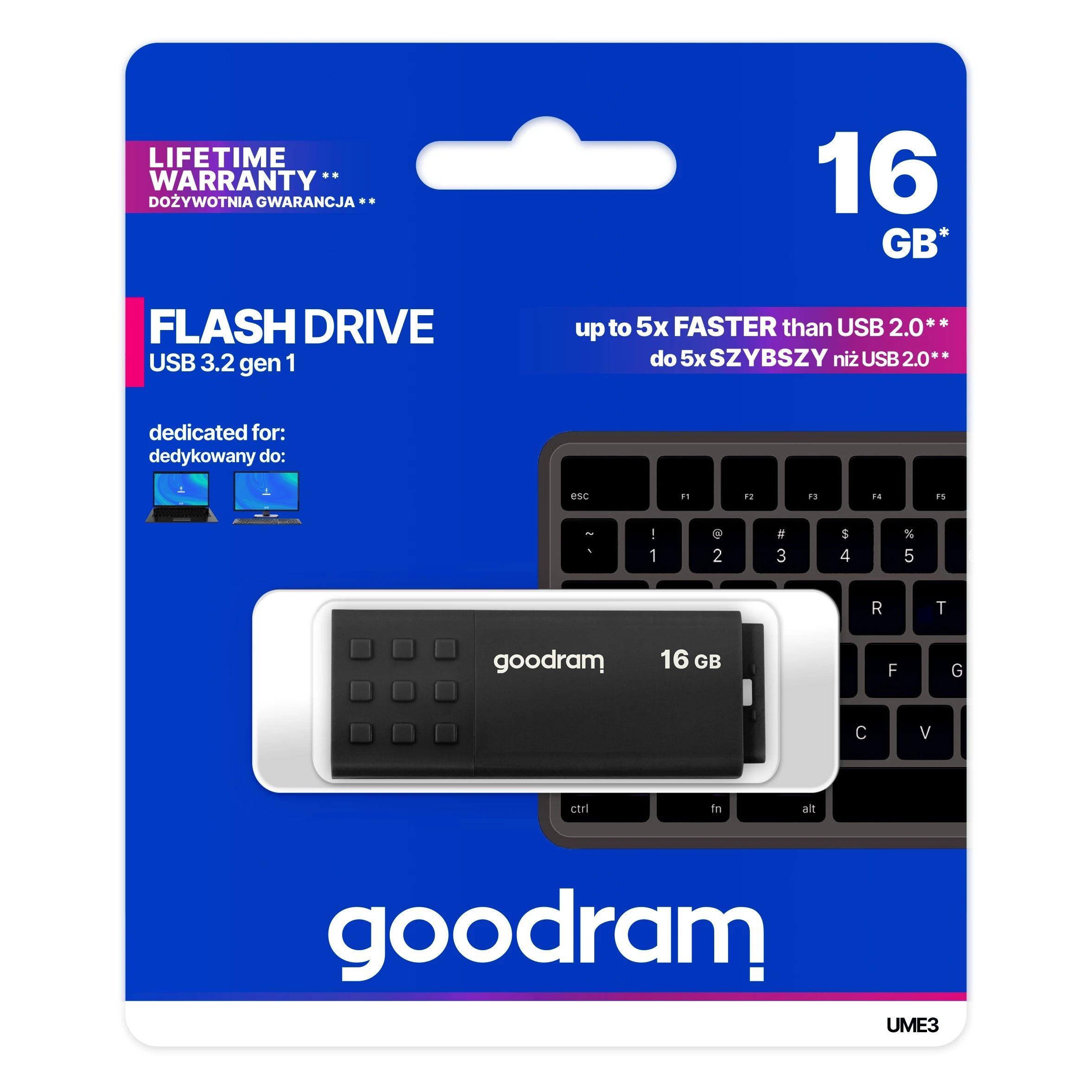 Goodram - Memoria USB UME3-0160K0R11 de 16 GB, USB 3.0 (3.1 Gen 1), negro, rápida y portátil para transferencia de archivos