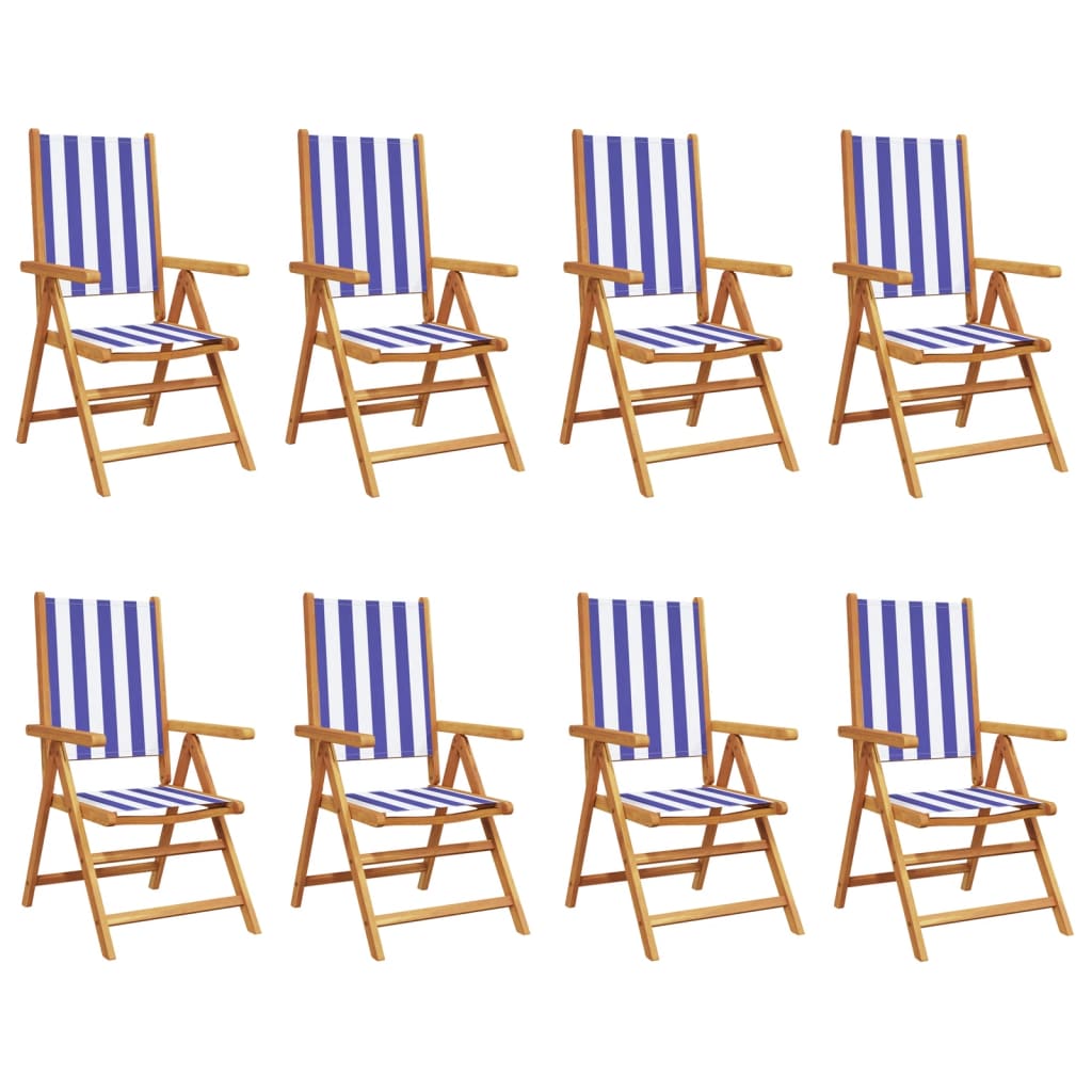 vidaXL Sillas jardín reclinables 8 uds madera maciza tela azul blanco