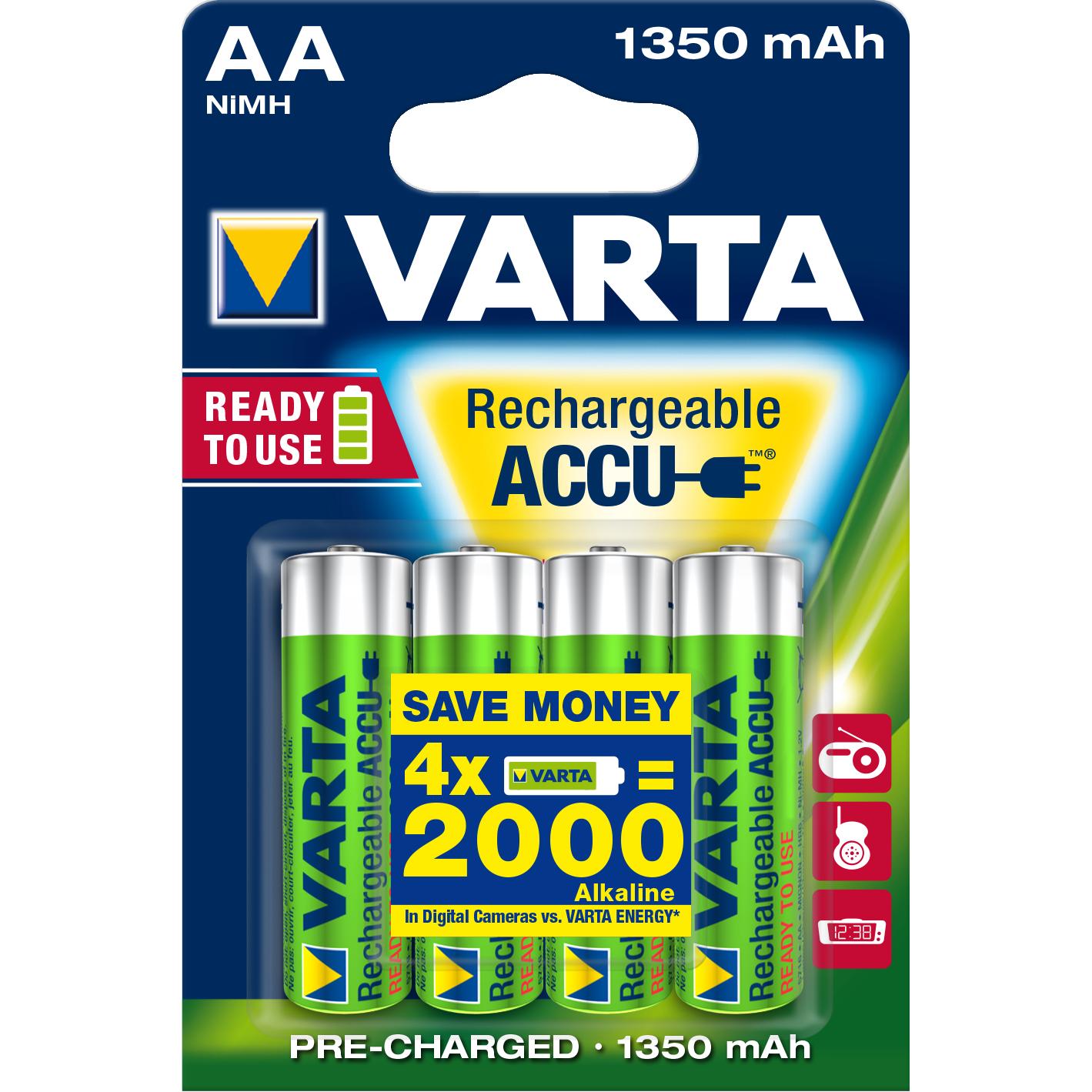 Varta ready2use hr06 1350 mah rechargeable aa battery nickel-metal hydride (nimh)