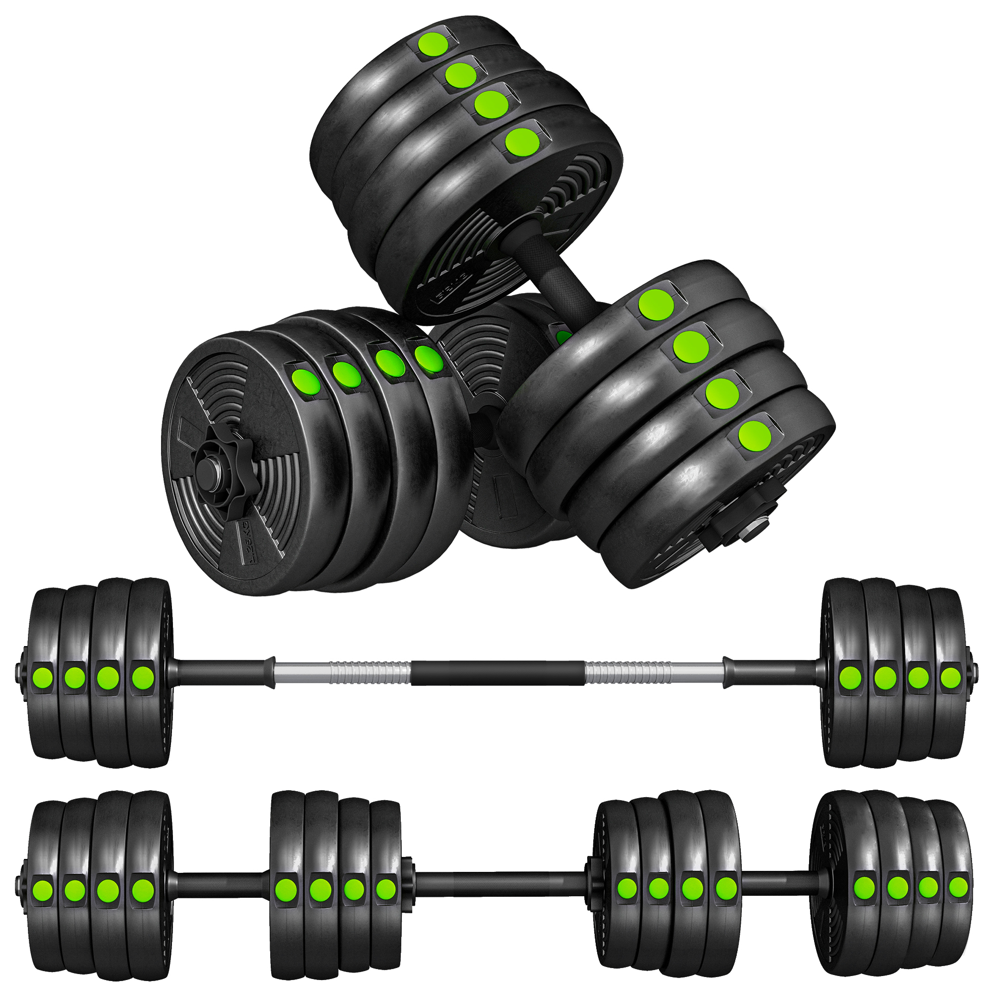 SPORTNOW Kit de Mancuernas 20kg 2 en 1 Juego de Pesas con Barra de Pesas Mango Antideslizante Mancuernas Ajustables para Entrenamiento de Fuerza en Hogar Gimnasio Oficina Negro y Verde