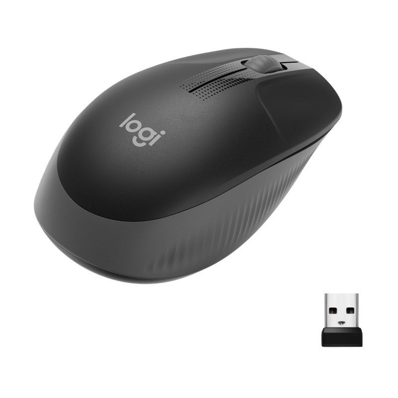 Logitech M190 Wireless Mouse Full Size 1000DPI Gray, ergonomic design for medium to large hands, wireless connectivity up to 10m, long-lasting battery for 18 months, ideal for PC use and gaming.