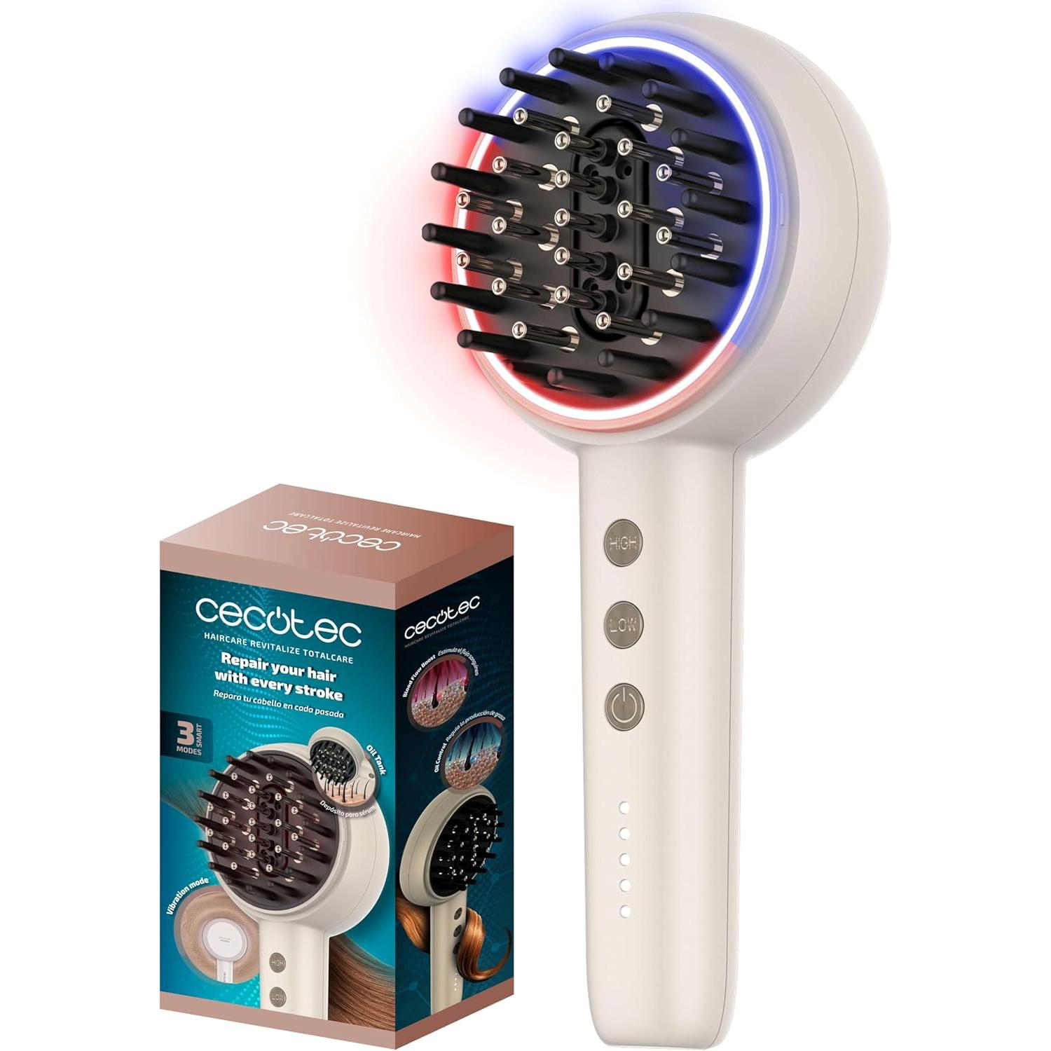 Cecotec Cepillo Reparador con Microcorrientes EMS, Luz LED Roja y Azul HairCare Revitalize TotalCare. Aplicador de Serum y 5 Niveles de Intensidad, Nutre, Reafirma y Fortalece el Cabello Desde La Raíz