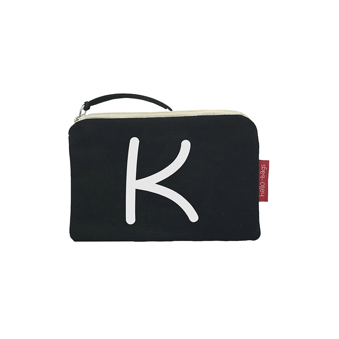 Hello-Bags. Bolso Monedero / Billetero / Tarjetero con cremallera y forro interior. Exterior: Algodón 100%. Incluye sobre kraft de regalo. Modelo: "K". Crudo / Negro. 14x10 cm.