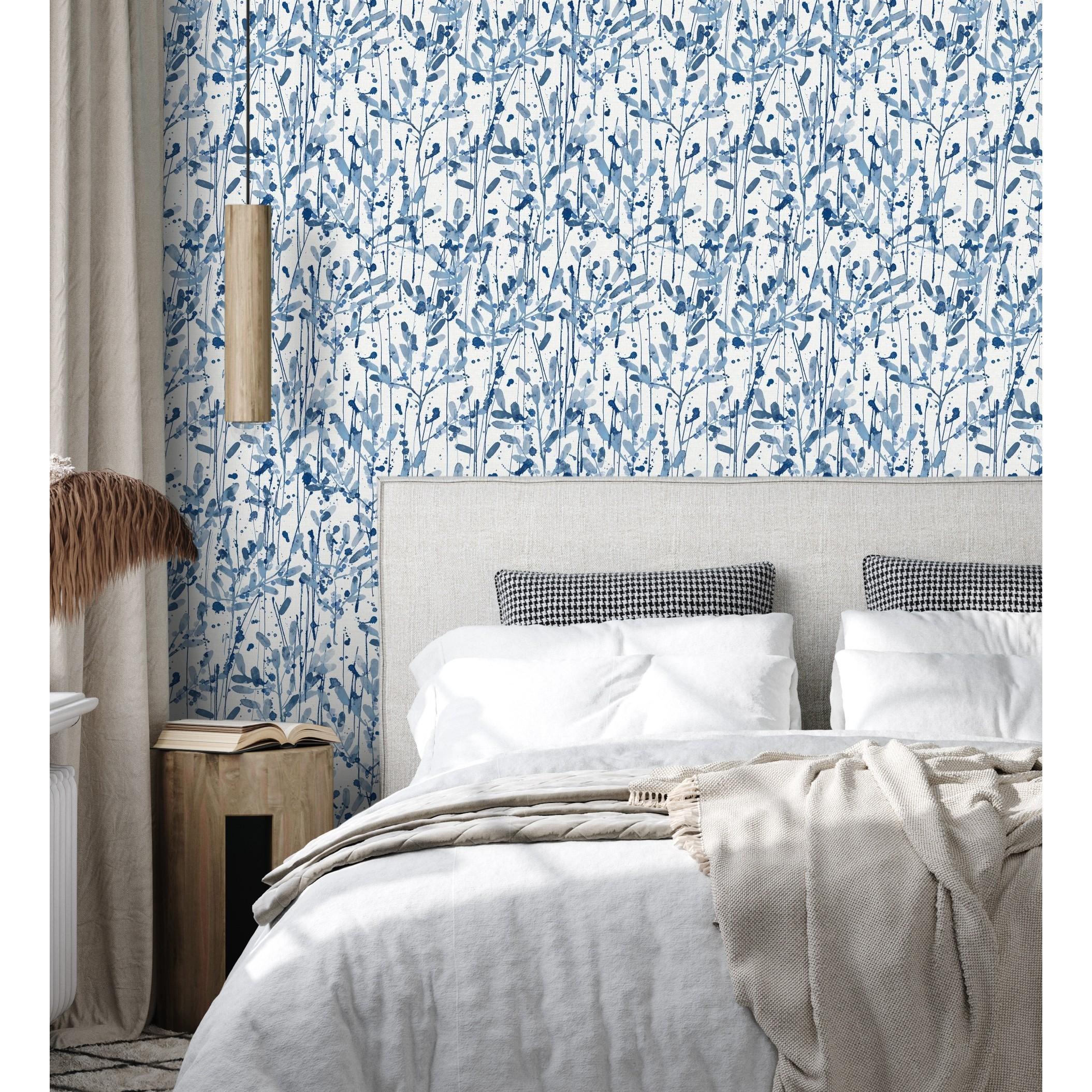 Papel pintado vinílico lavable de hojas en tonos azul acuarela de diseño moderno estilo bo - Amy Leaf 681437 de GAULAN - Rollo de 10 m x 0,52 m
