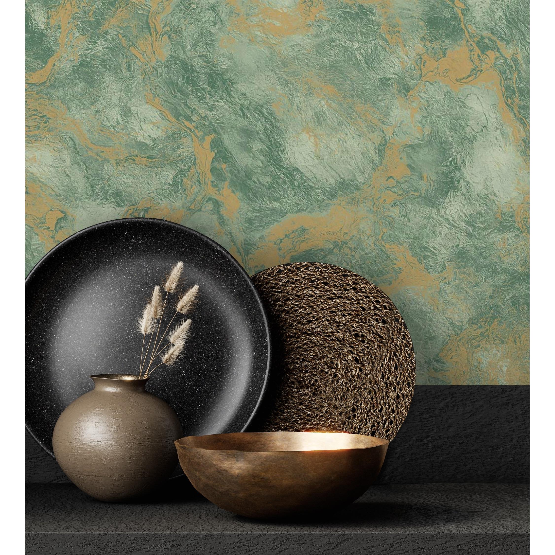 Papel pintado vinílico efecto estuco verde en relieve con vetas metalizadas doradas - Neptune Stone Texture 676356 de GAULAN - Rollo de 10 m x 1,06 m