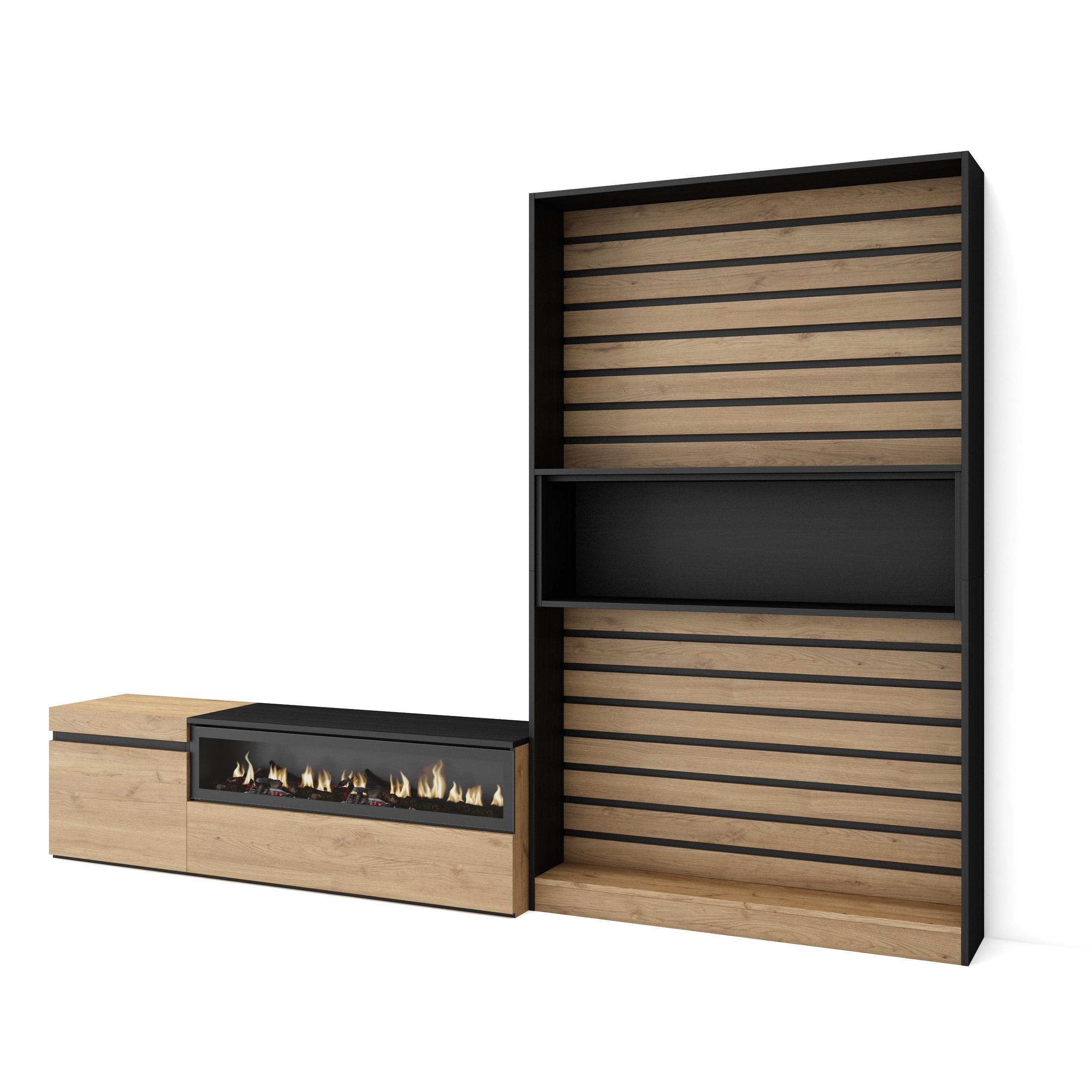 Skraut Home, Conjunto de muebles de Salón, Estantería y organización, Mueble TV con dos puertas y Fuego led efecto 3d, 260x35x186cm