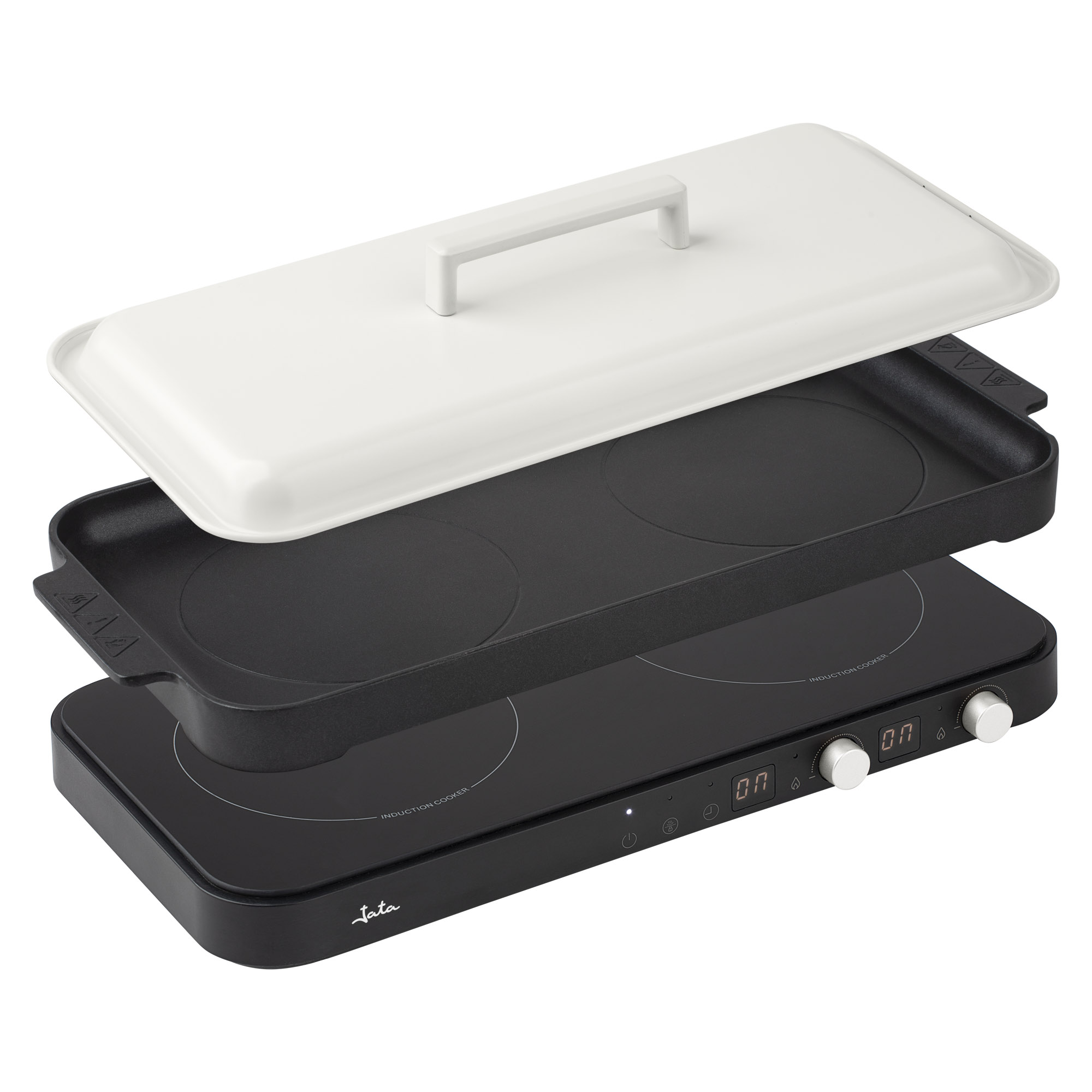 JATA JEVI1470 - Placa Induccion Portatil de 2 Fuegos + Plancha Cocina. 2800 W. Con tapa Antisalpicaduras. Hasta 230ºC. Con Temporizador de 99 minutos.