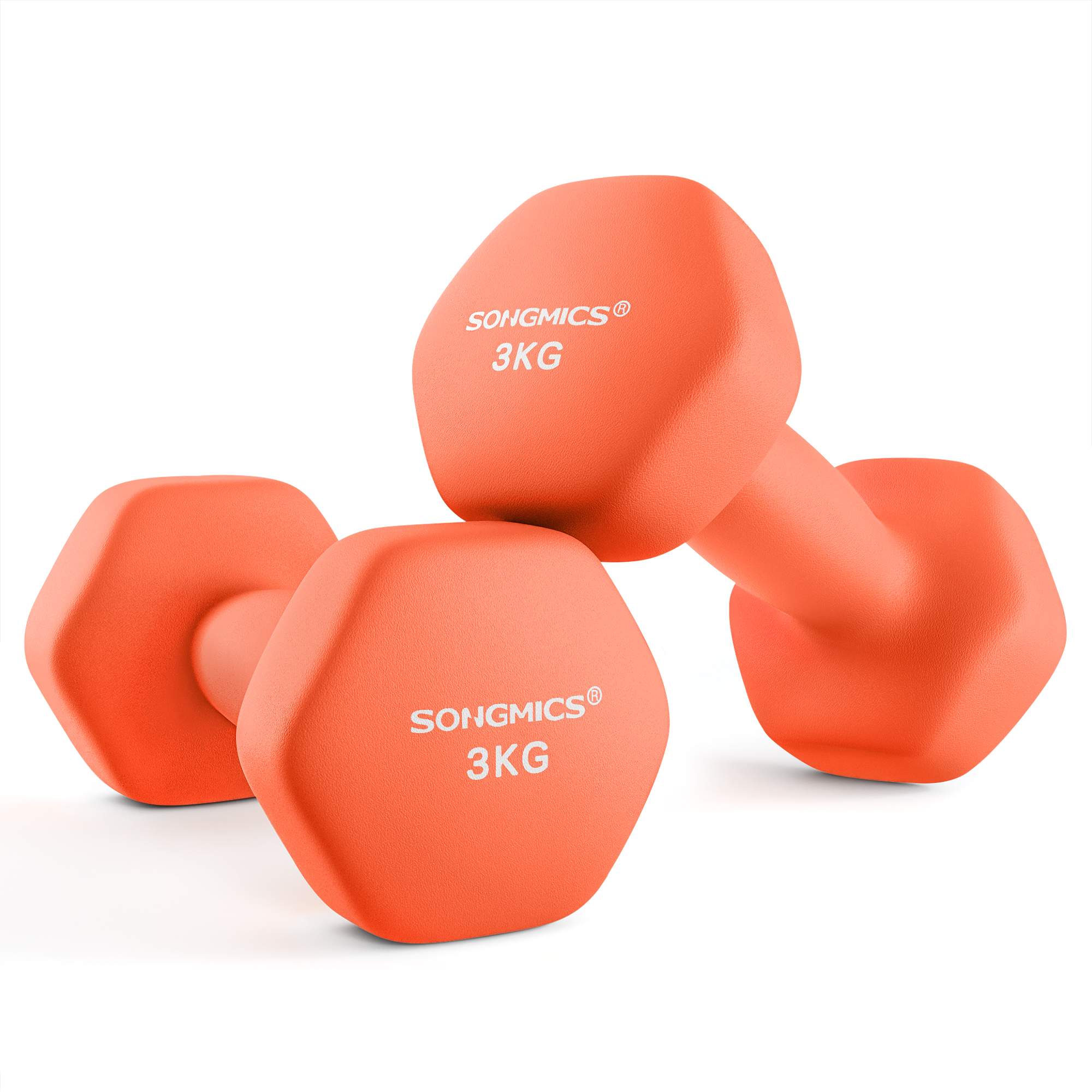 SONGMICS Juego de 2 mancuernas, mancuernas hexagonales, revestimiento de neopreno, entrenamiento de fuerza, entrenamiento de fitness, para el hogar,Rojo Rubí/Naranja Papaya