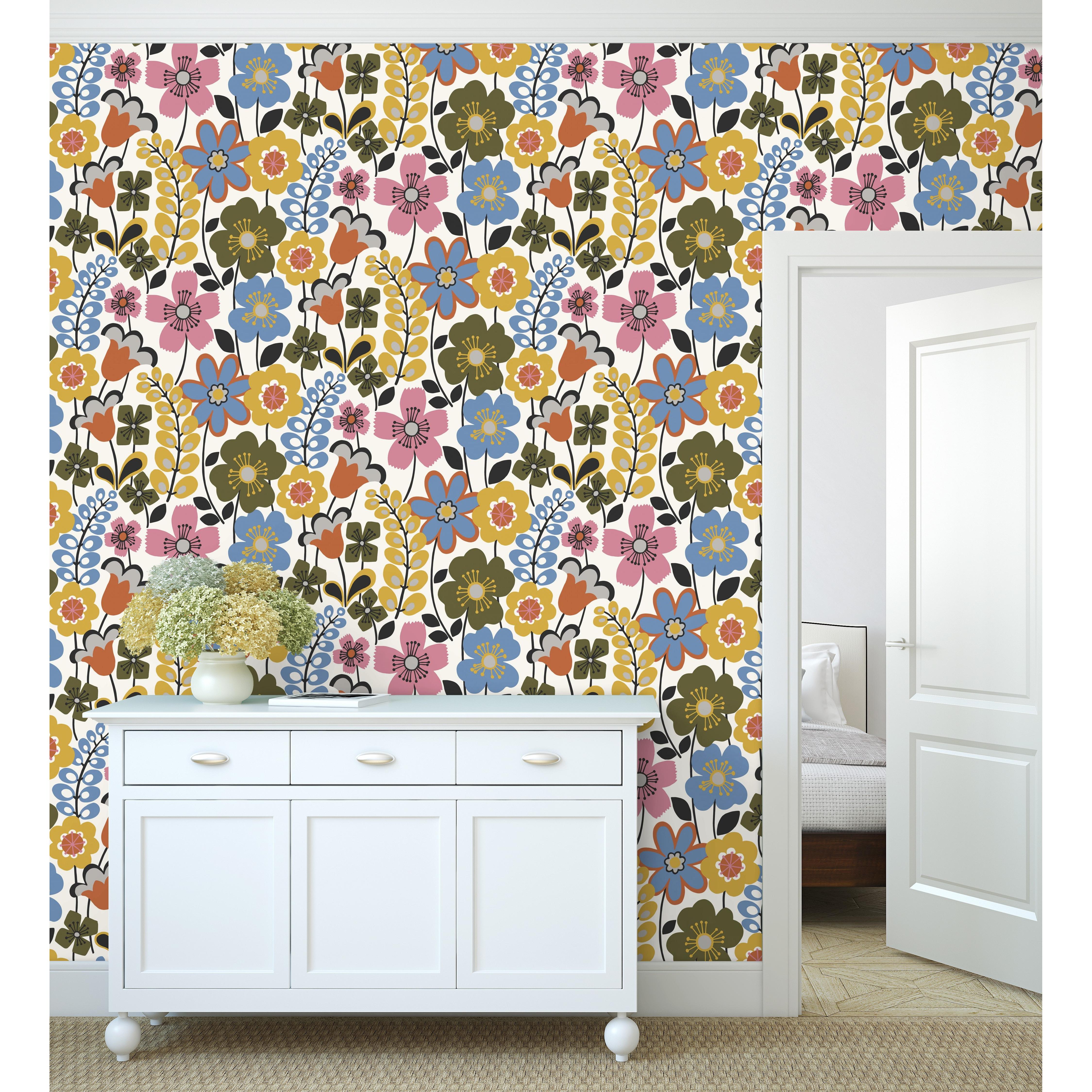 Papel pintado vinílico ecológico de flores dibujadas estilo retro - Garden Flowers 680612 de GAULAN - Rollo de 10 m x 0,53 m