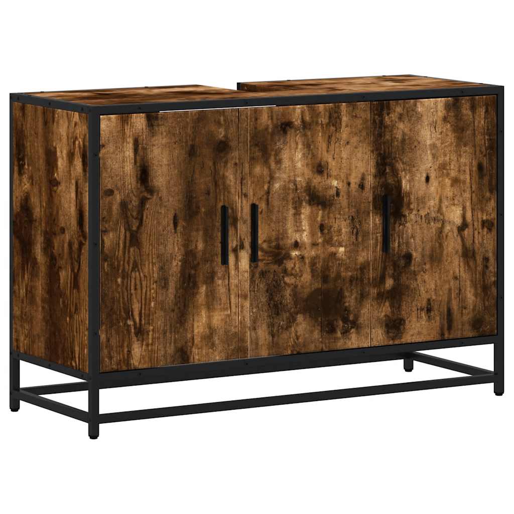 vidaXL Armario lavabo baño madera ingeniería 90x33x60 cm en color Roble ahumado/Marrón roble/Gris sonoma y más | almacenamiento funcional diseño moderno para baño dormitorio sala