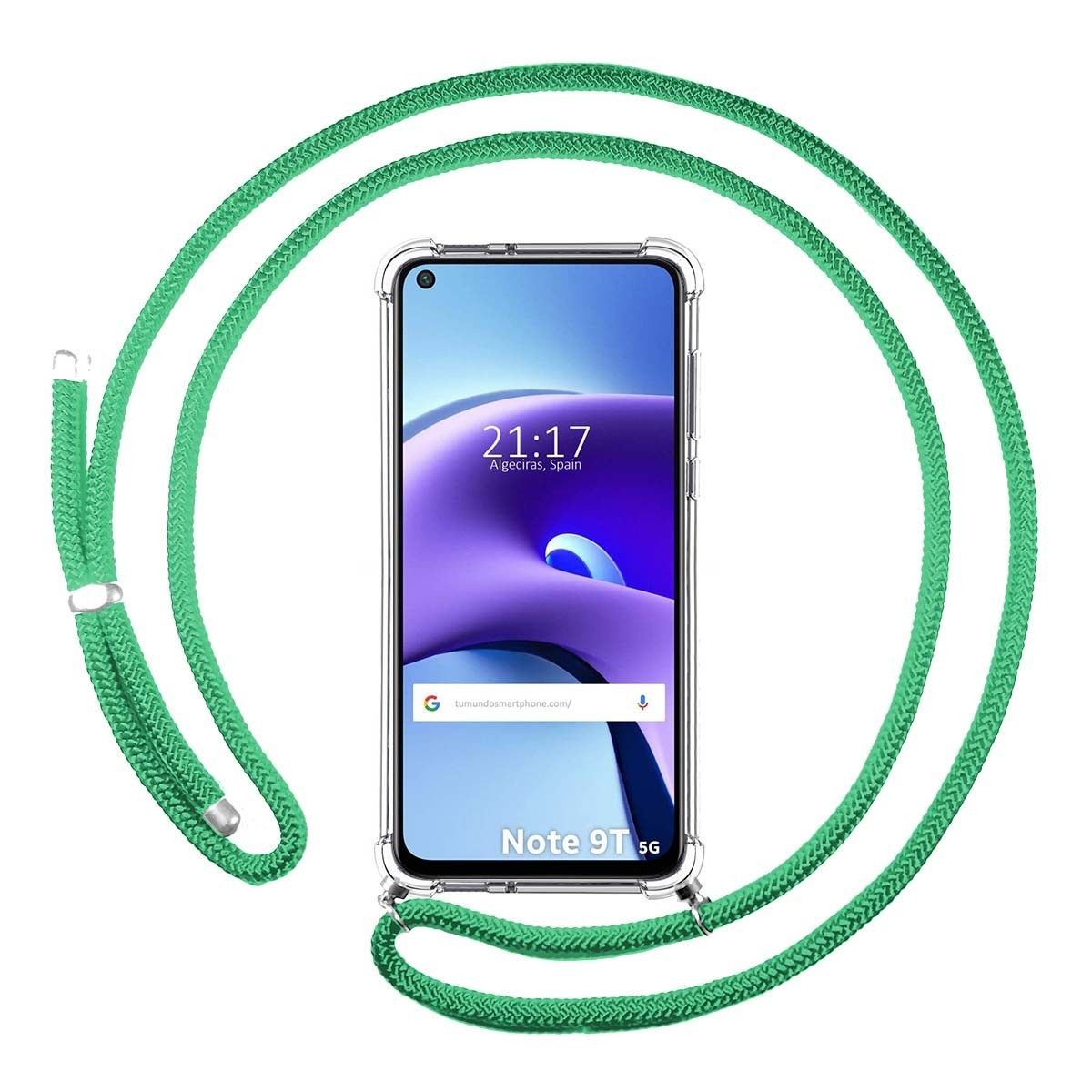 Tumundosmartphone Funda Colgante Transparente para Xiaomi Redmi Note 9T 5G con Cordon Verde Agua