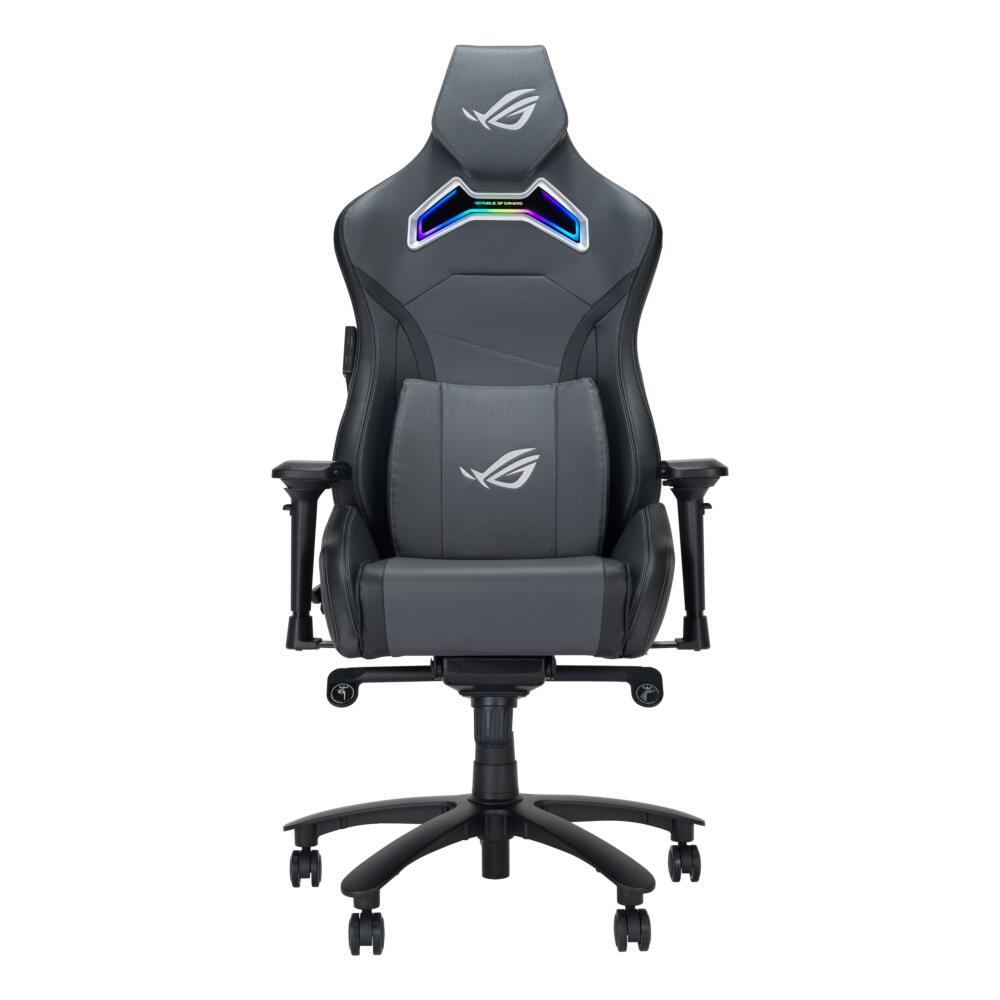 ASUS ROG Carro X Silla para Juegos (Aura Iluminación RGB, reposabrazos 4D, Espuma viscoelástica, Cuero de PU con Mando One-Touch), Gris