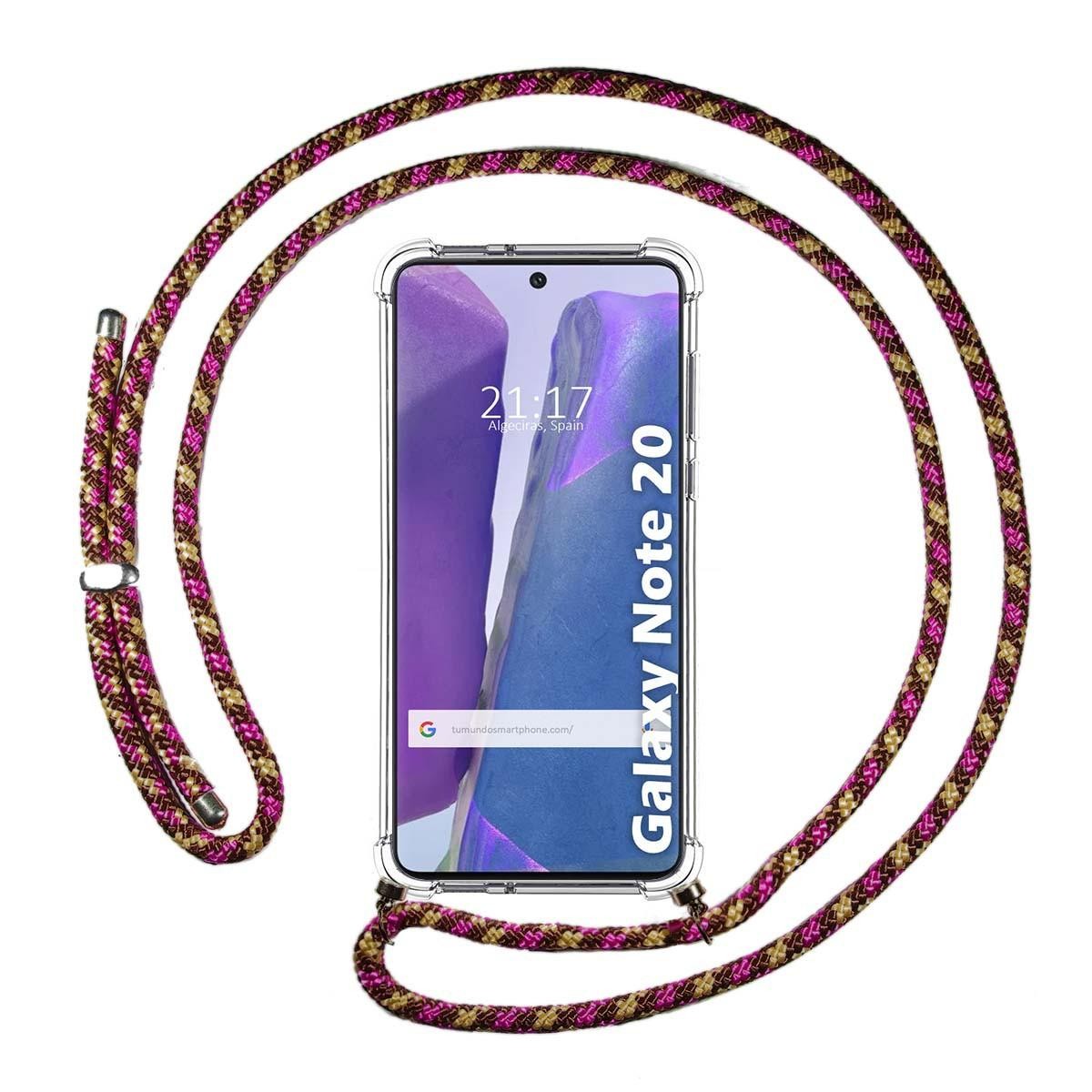 Tumundosmartphone Funda Colgante Transparente para Samsung Galaxy Note 20 con Cordon Rosa / Dorado