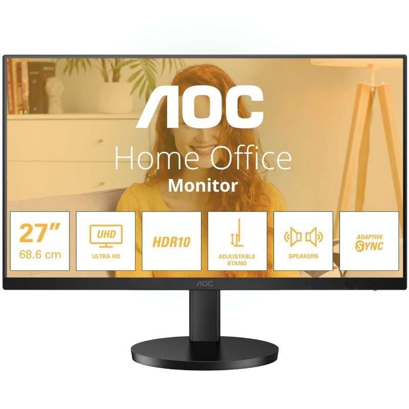 AOC U27B3AF 27" 4K UHD Monitor, IPS Panel with Adaptive Sync, Height Adjustable, Anti-Glare, HDR10, Black for Multimedia and Gaming Experience.
