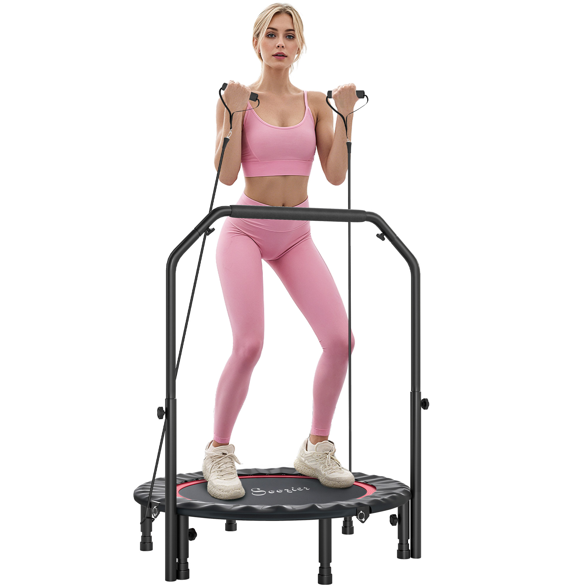 SPORTNOW Trampolín de Fitness Adultos Ø102 cm, Cama Elástica Plegable con Mango Ajustable de 4 Niveles y Bandas, para Entrenamiento Piernas Cuerpo en Hogar Oficina Gimnasio Exterior, Carga 150 kg