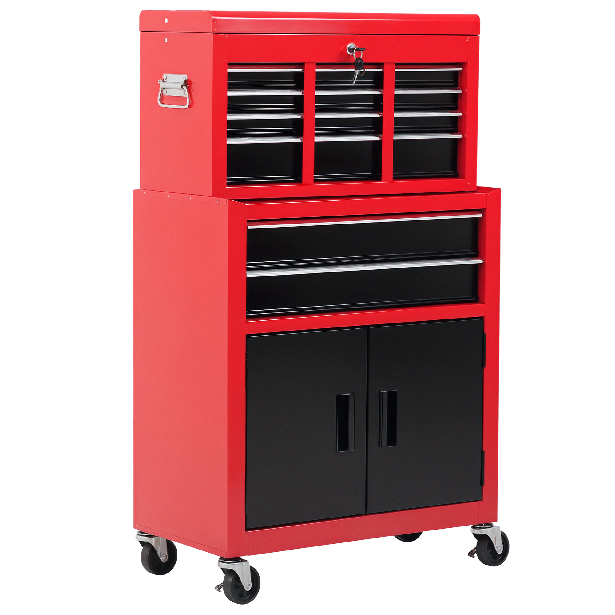 HOMCOM Carro de Herramientas con Baúl Superior, 2 en 1, Carro de Taller con 6 Cajones, Armario, Cerradura, 4 Ganchos, 2 Ruedas con Freno de Bloqueo, para Garaje, Hogar, Rojo