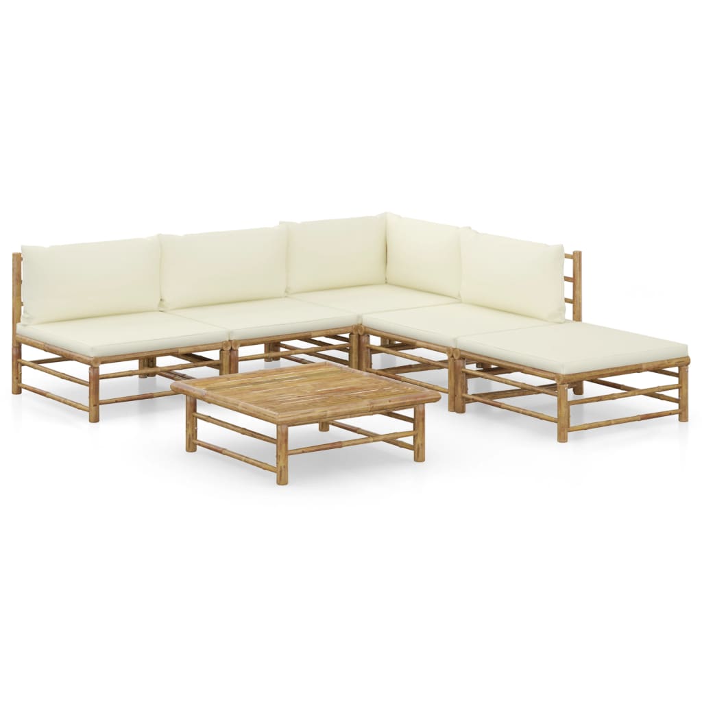 vidaXL Set de muebles de jardín 6 piezas bambú y cojines blanco crema