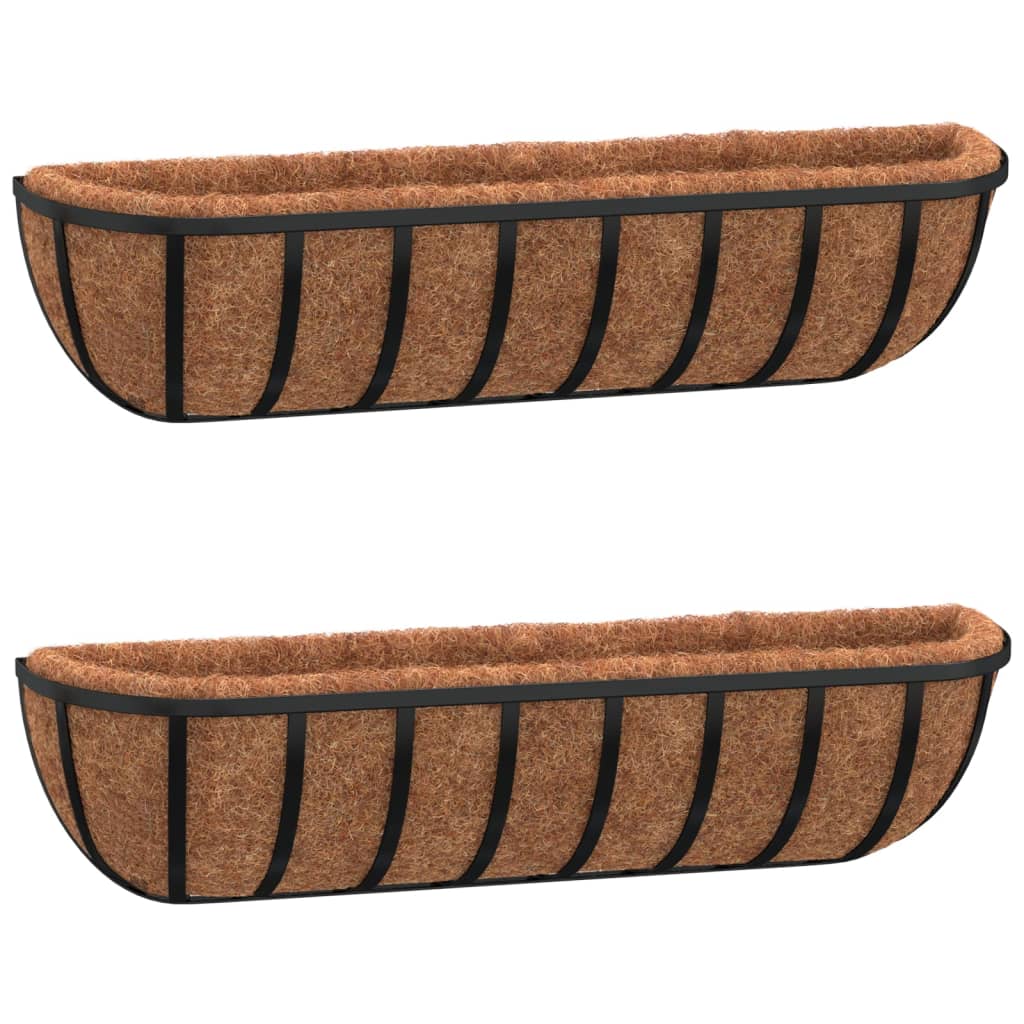 vidaXL Macetas pared (2 unidades) revestimiento coco acero negro Dimensiones 61 x 19 x 16 cm, 76 x 21 x 16 cm, 91 x 20 x 23 cm